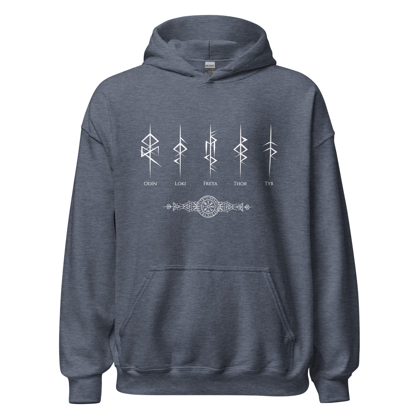 Gildan heather dark navy hoodie that reads Odin, Loki, Freya, Thor, and Tyr with Futhark rune symbols and vegvisir viking compass created by Norse Viking apparel shop Midnight Gypsy Designs. 