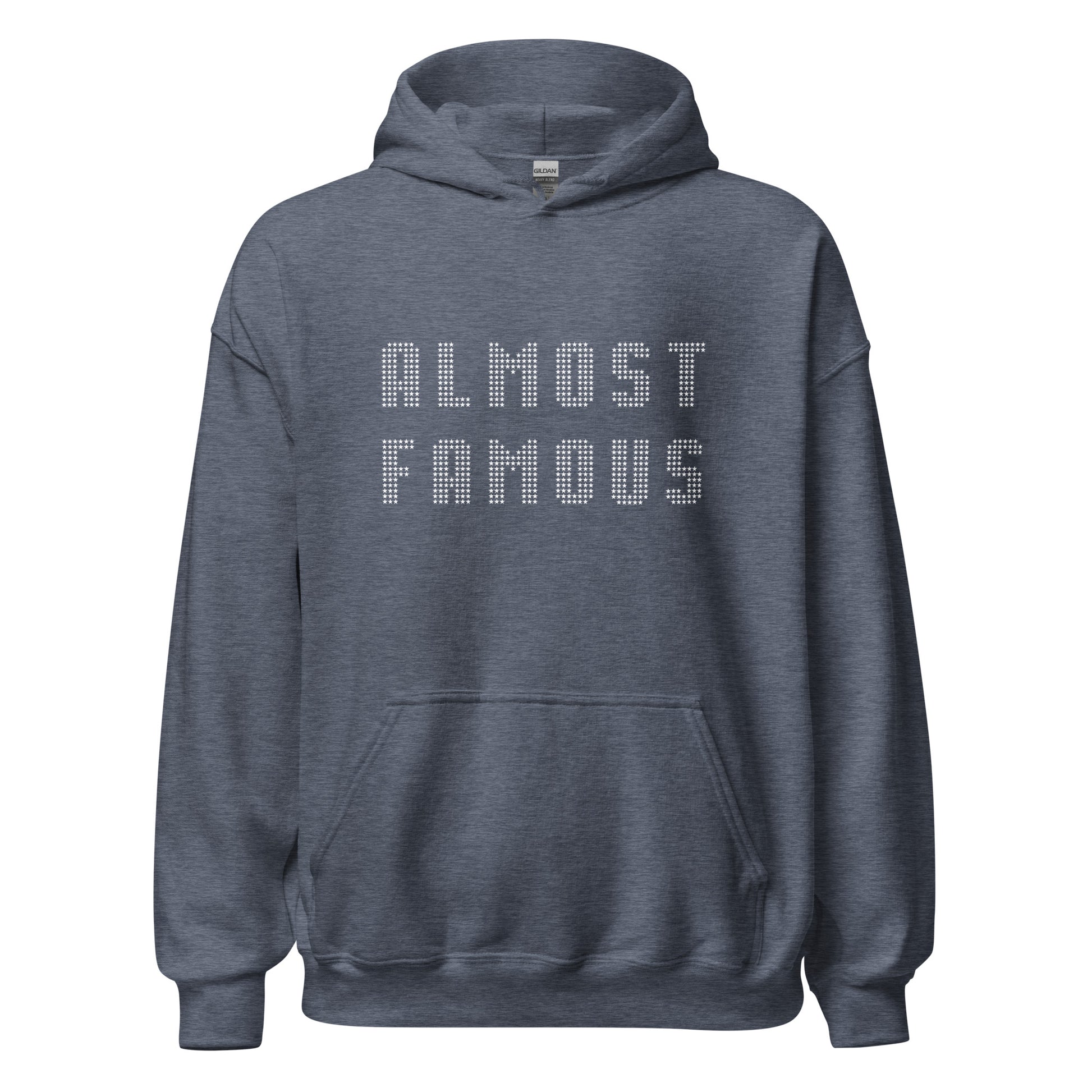 Unisex Gildan dark navy heather hoodie that says Almost Famous with stars created by apparel shop Midnight Gypsy Designs.