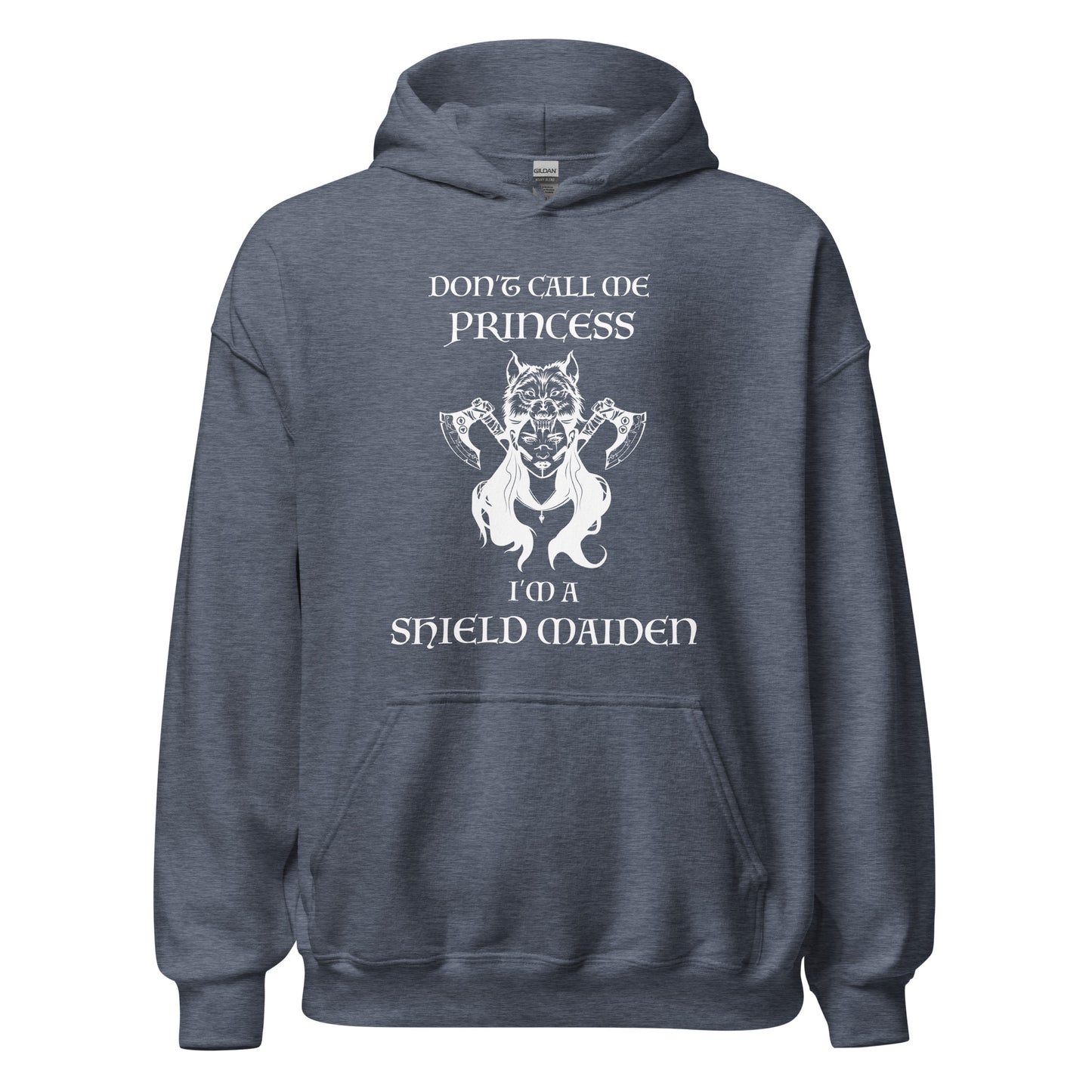 Heather sport dark grey Gildan hoodie with lettering that says Don't Call Me Princess I'm a Shield Maiden with a female Viking Warrior with Norse Viking axes and a wolf created by apparel shop Midnight Gypsy Designs.