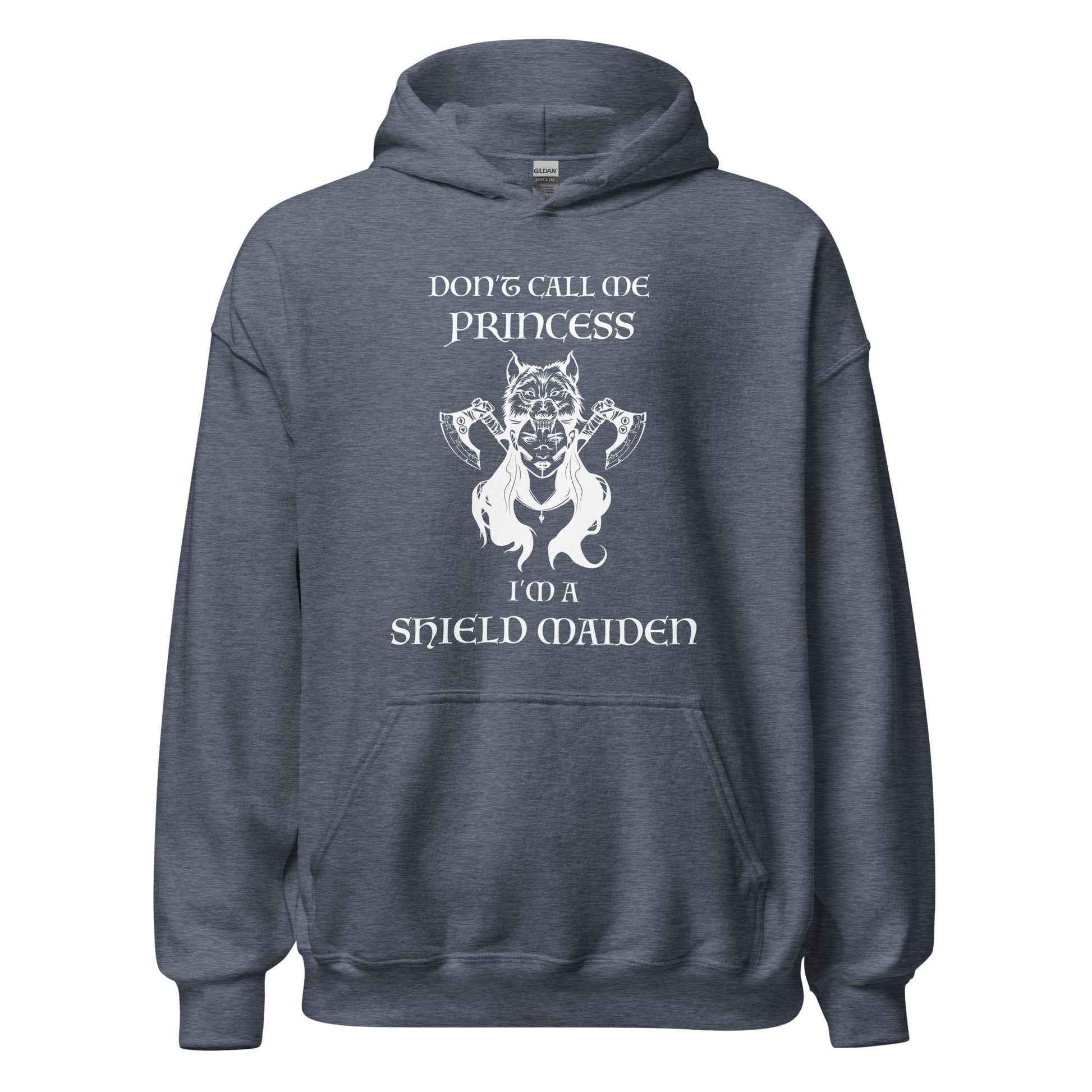 Heather sport dark grey Gildan hoodie with lettering that says Don't Call Me Princess I'm a Shield Maiden with a female Viking Warrior with Norse Viking axes and a wolf created by apparel shop Midnight Gypsy Designs.