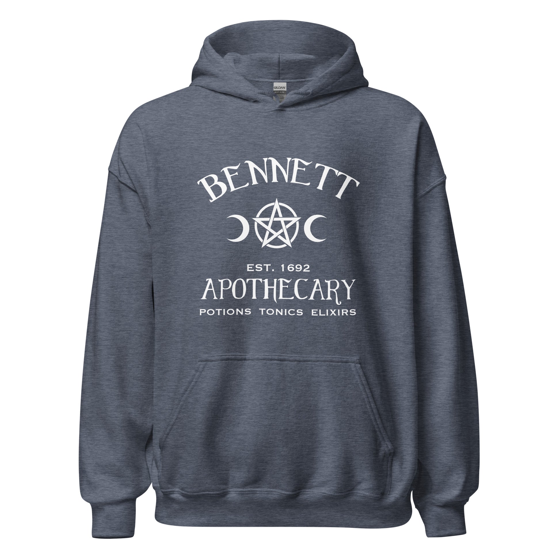 Gildan heather sport dark navy hoodie with white lettering that reads Bennett Apothecary Established 1692 Potions Tonics Elixirs inspired by Bonnie Bennett from The Vampire Diaries created by apparel shop Midnight Gypsy Designs.