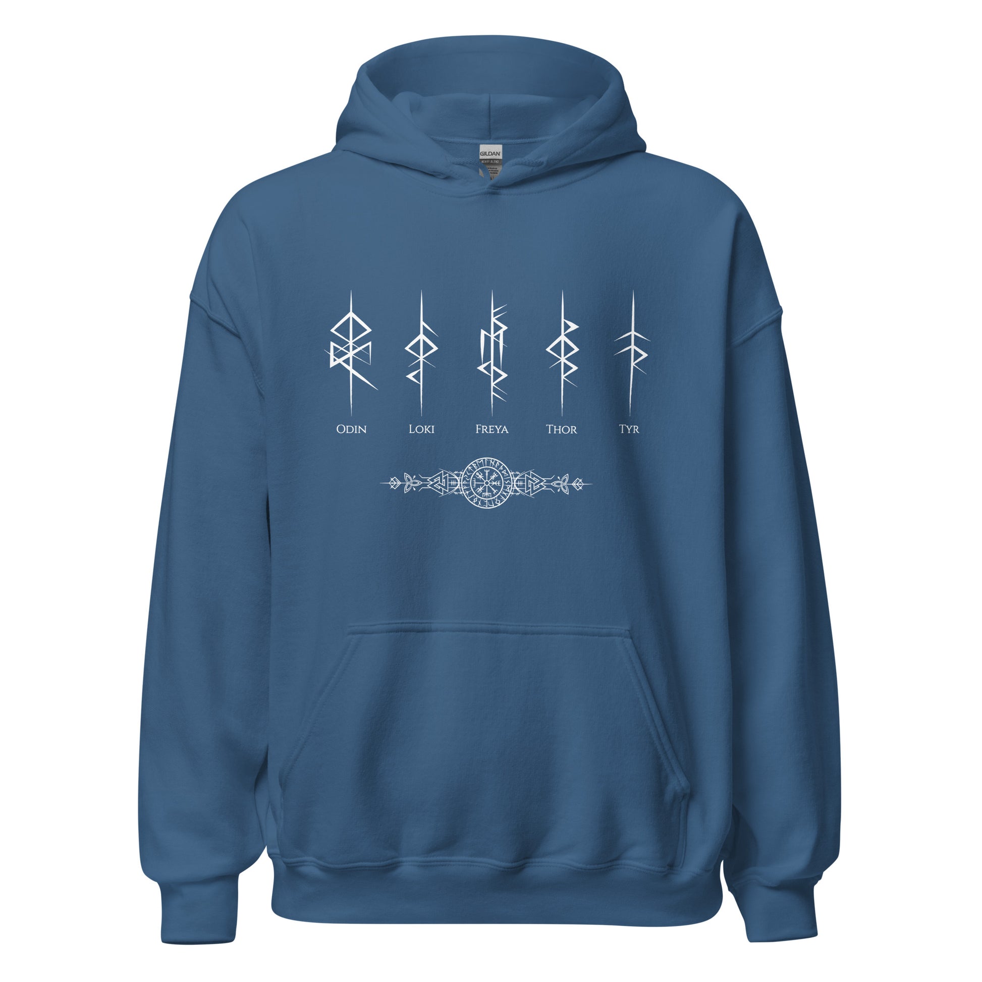 Gildan indigo blue hoodie that reads Odin, Loki, Freya, Thor, and Tyr with Futhark rune symbols and vegvisir viking compass created by Norse Viking apparel shop Midnight Gypsy Designs. 