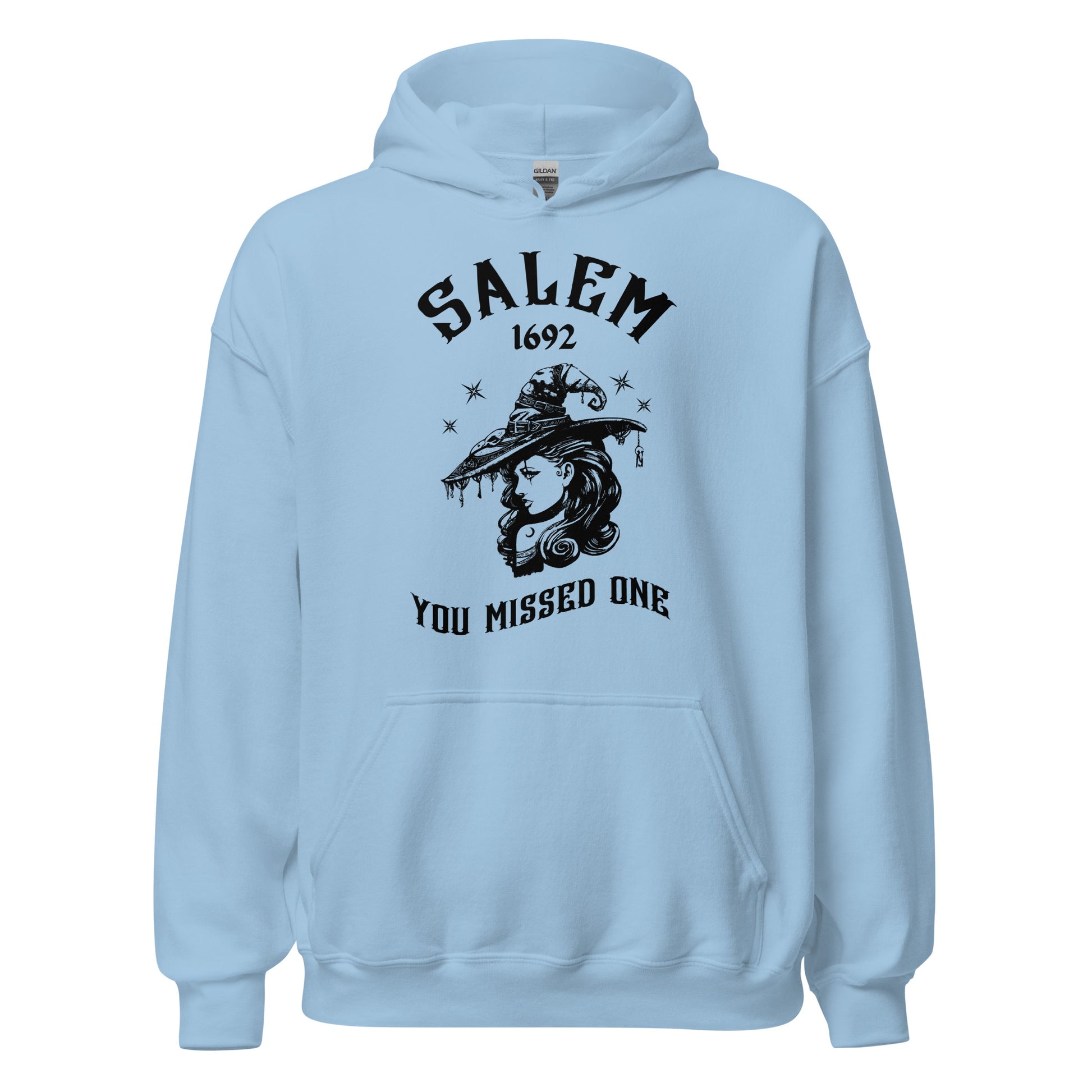 Light blue Gildan hoodie with 1692 Salem Witch Trials You Missed One written in black letters and a witch in a witch hat from apparel shop Midnight Gypsy Designs.