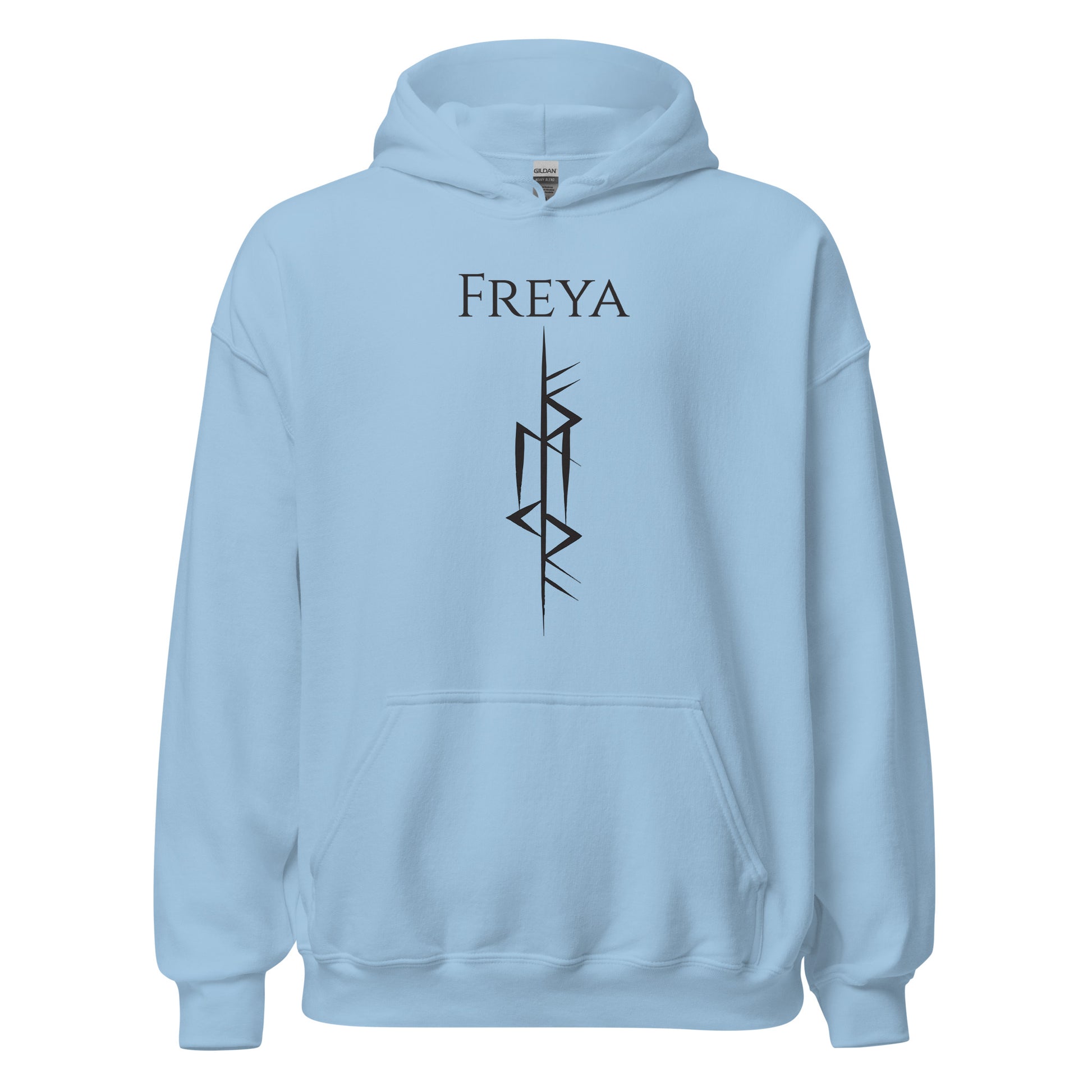 Light blue Viking warrior hoodie that says Freya with the Freya Goddess of Love Norse rune symbol created by Viking apparel shop Midnight Gypsy Designs.