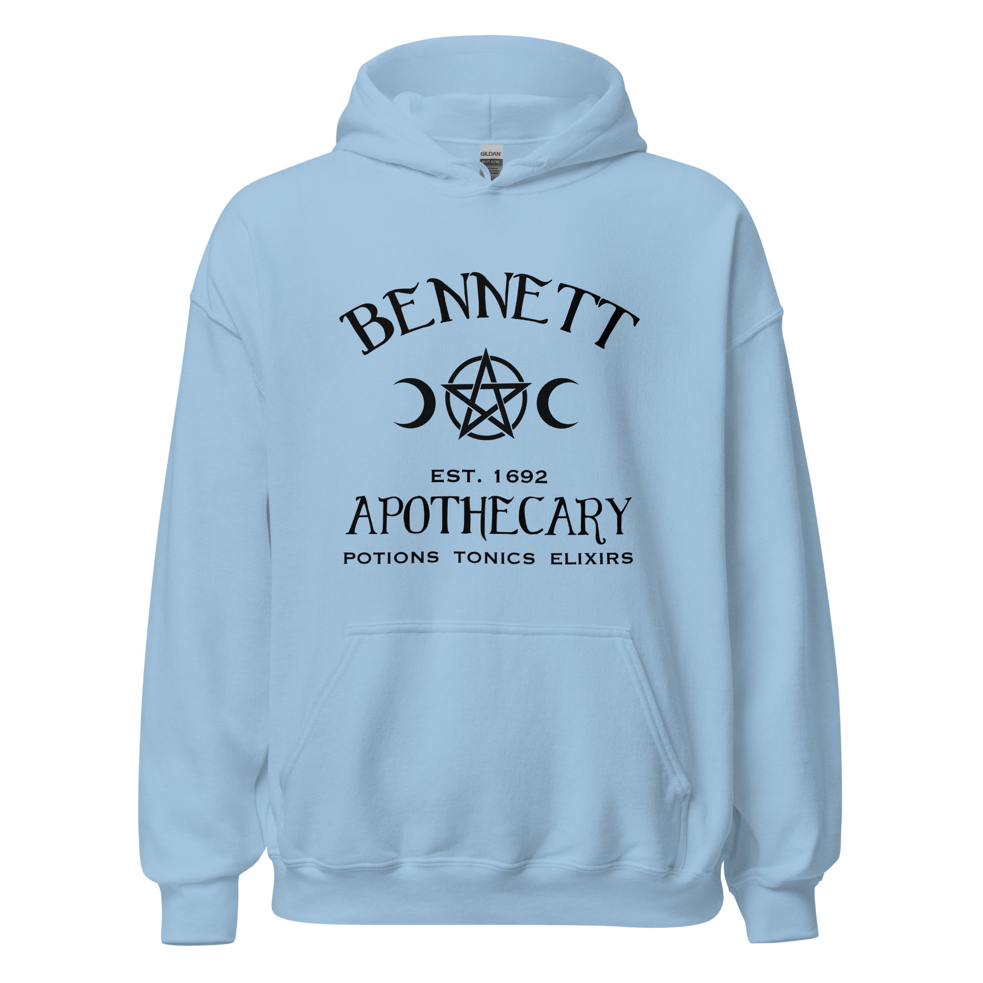 Gildan light blue hoodie with black lettering that reads Bennett Apothecary Established 1692 Potions Tonics Elixirs inspired by Bonnie Bennett from The Vampire Diaries created by apparel shop Midnight Gypsy Designs.