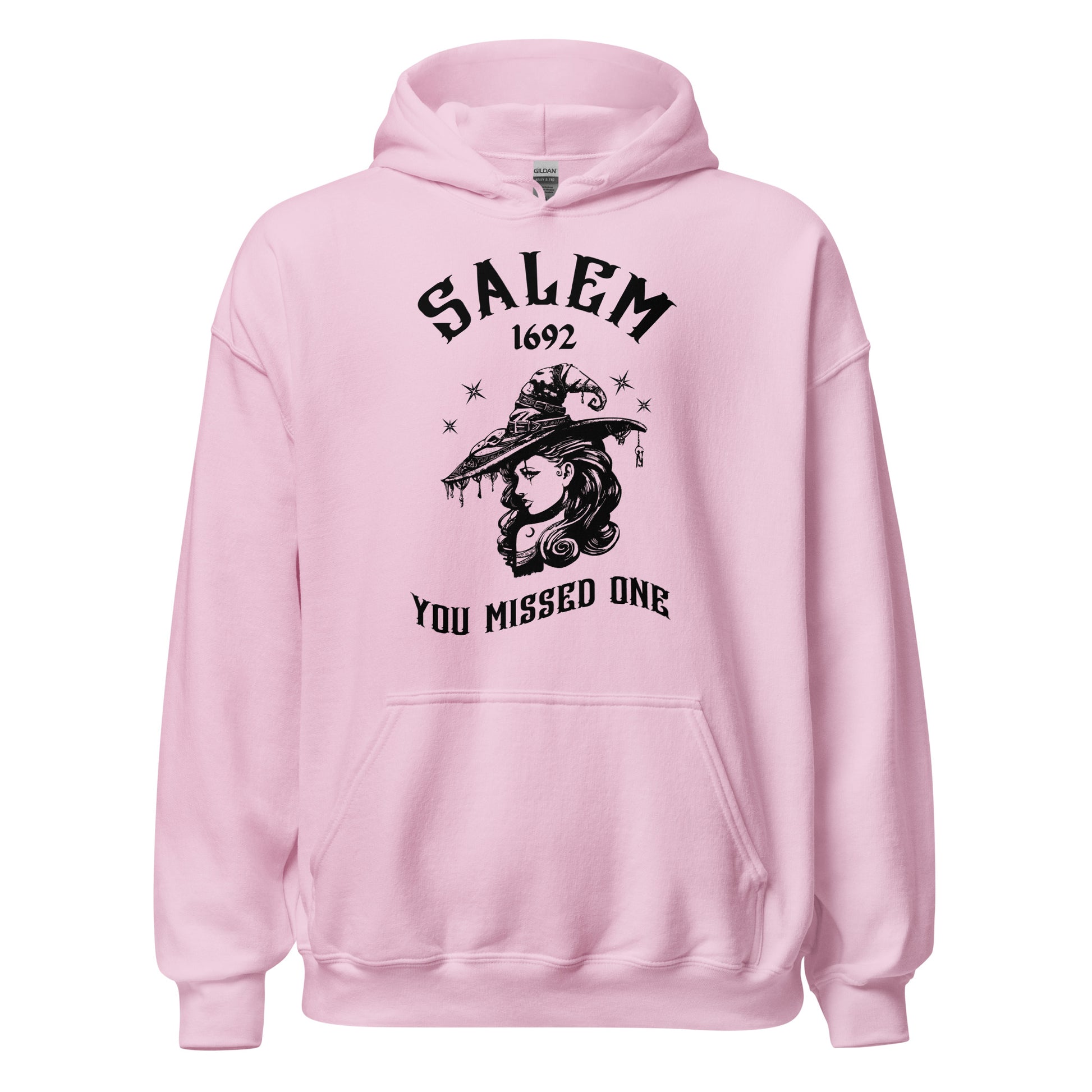 Pink Gildan hoodie with 1692 Salem Witch Trials You Missed One written in black letters and a witch in a witch hat from apparel shop Midnight Gypsy Designs.