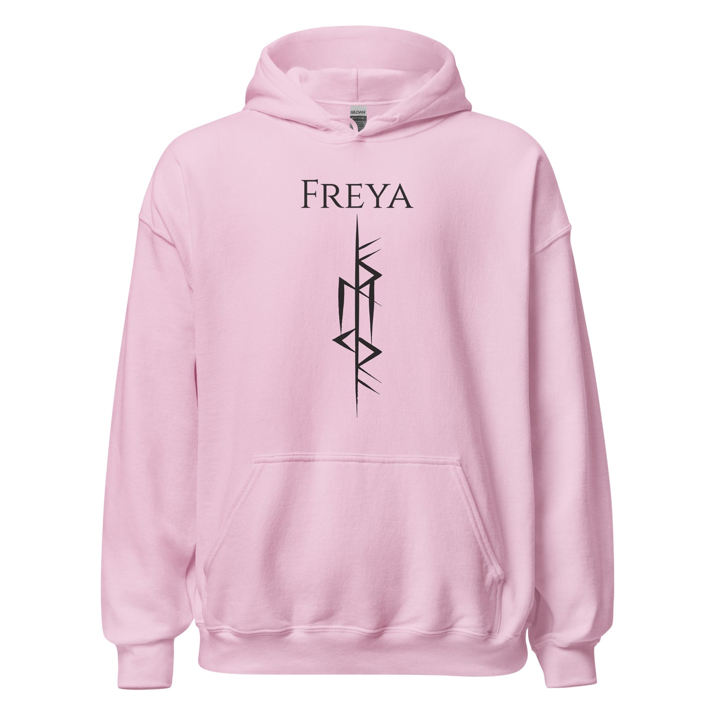 Pink Viking warrior hoodie that says Freya with the Freya Goddess of Love Norse rune symbol created by Viking apparel shop Midnight Gypsy Designs.