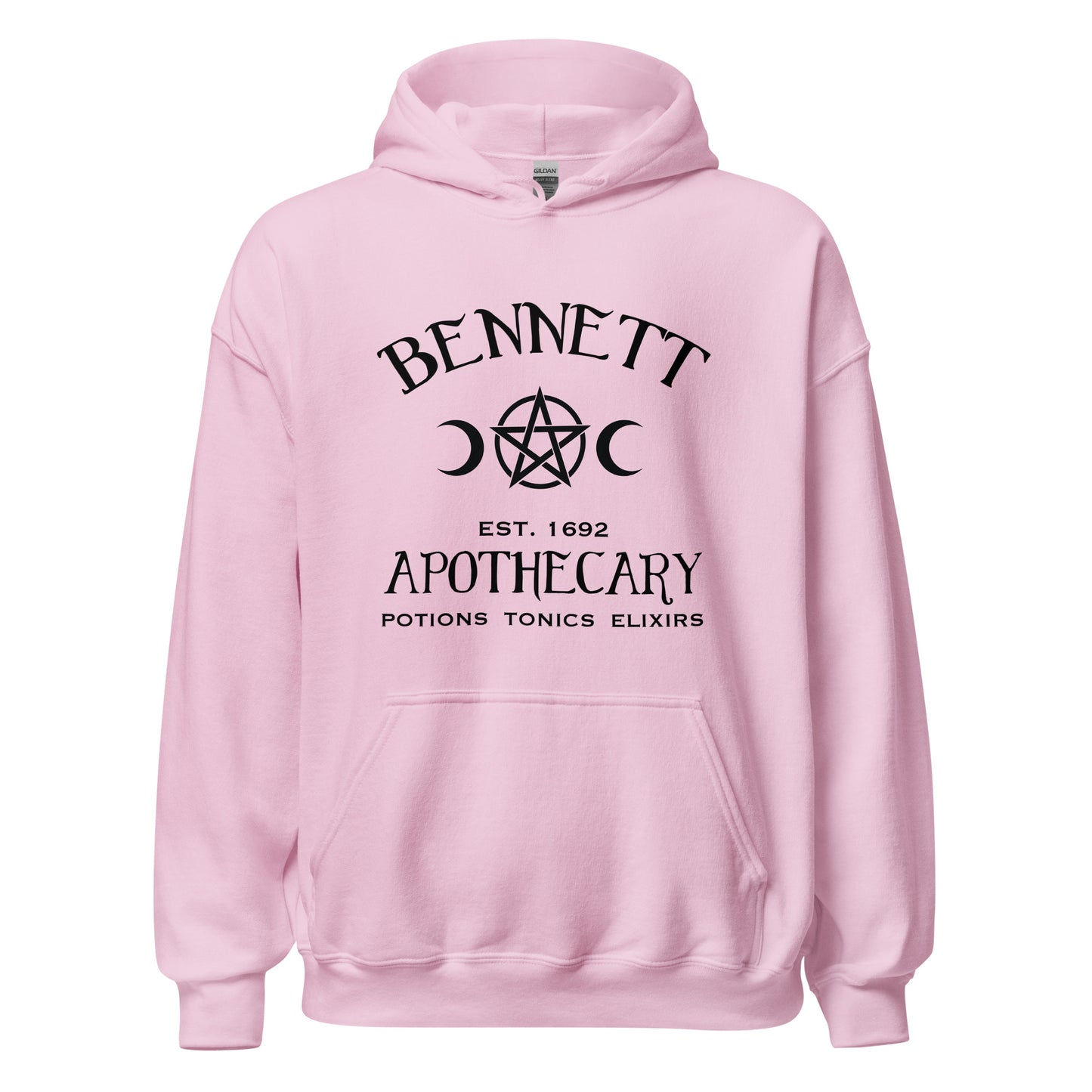 Gildan pink hoodie with black lettering that reads Bennett Apothecary Established 1692 Potions Tonics Elixirs inspired by Bonnie Bennett from The Vampire Diaries created by apparel shop Midnight Gypsy Designs.