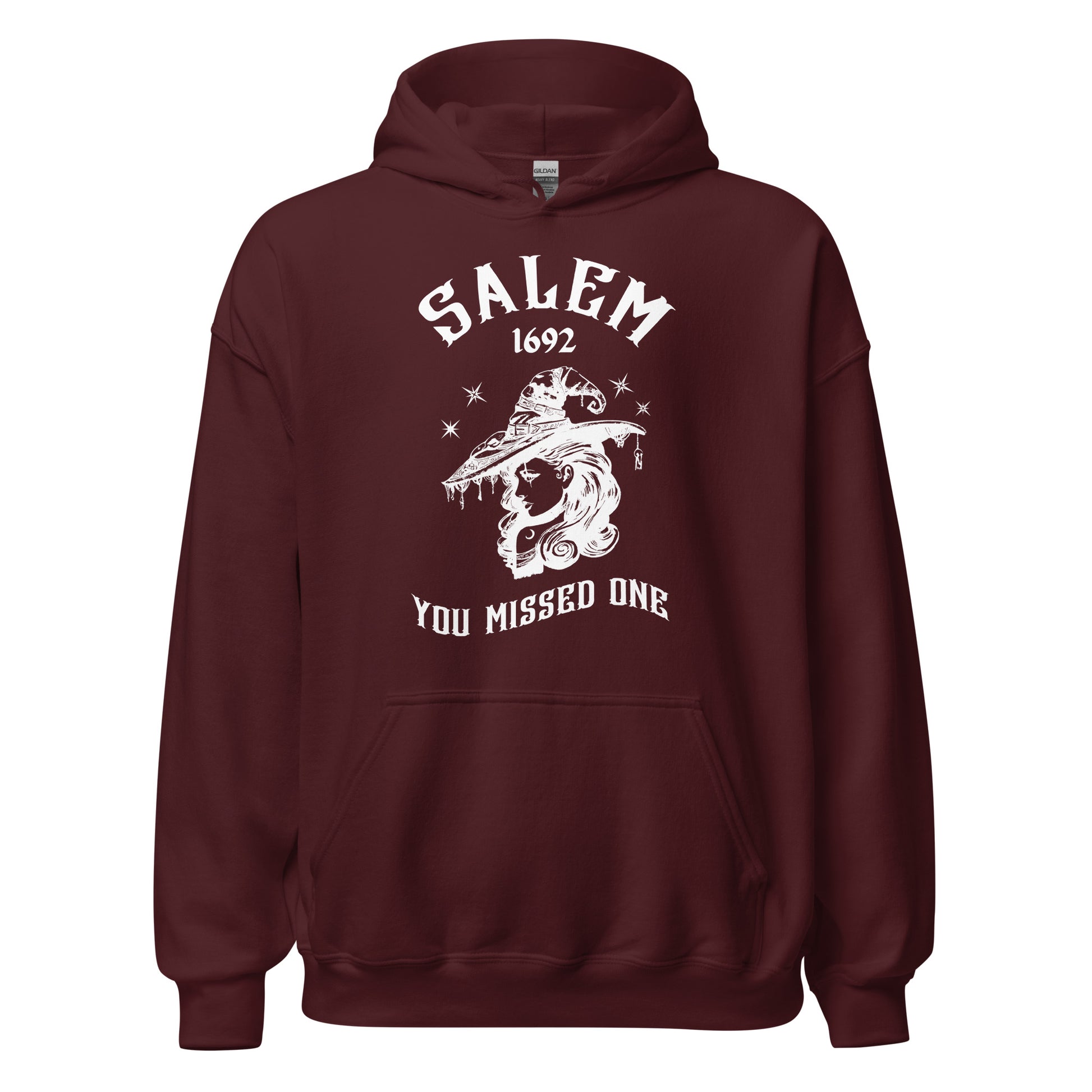 Maroon hoodie with 1692 Salem Witch Trials You Missed One written in white letters from apparel shop Midnight Gypsy Designs.