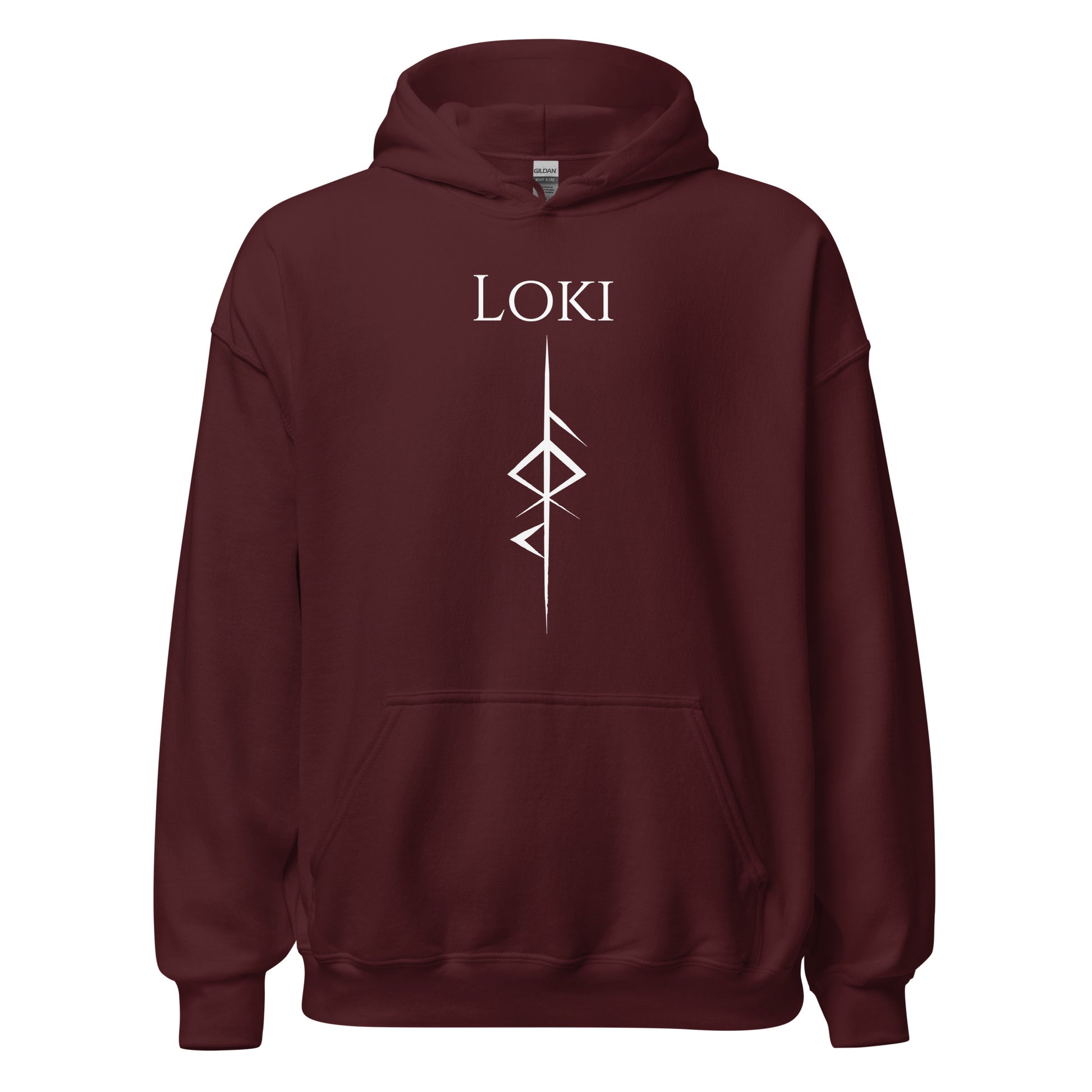 Gildan maroon hoodie that reads Loki with the Loki Futhark rune symbol for Loki God of Mischief created by Norse Viking apparel shop Midnight Gypsy Designs. 