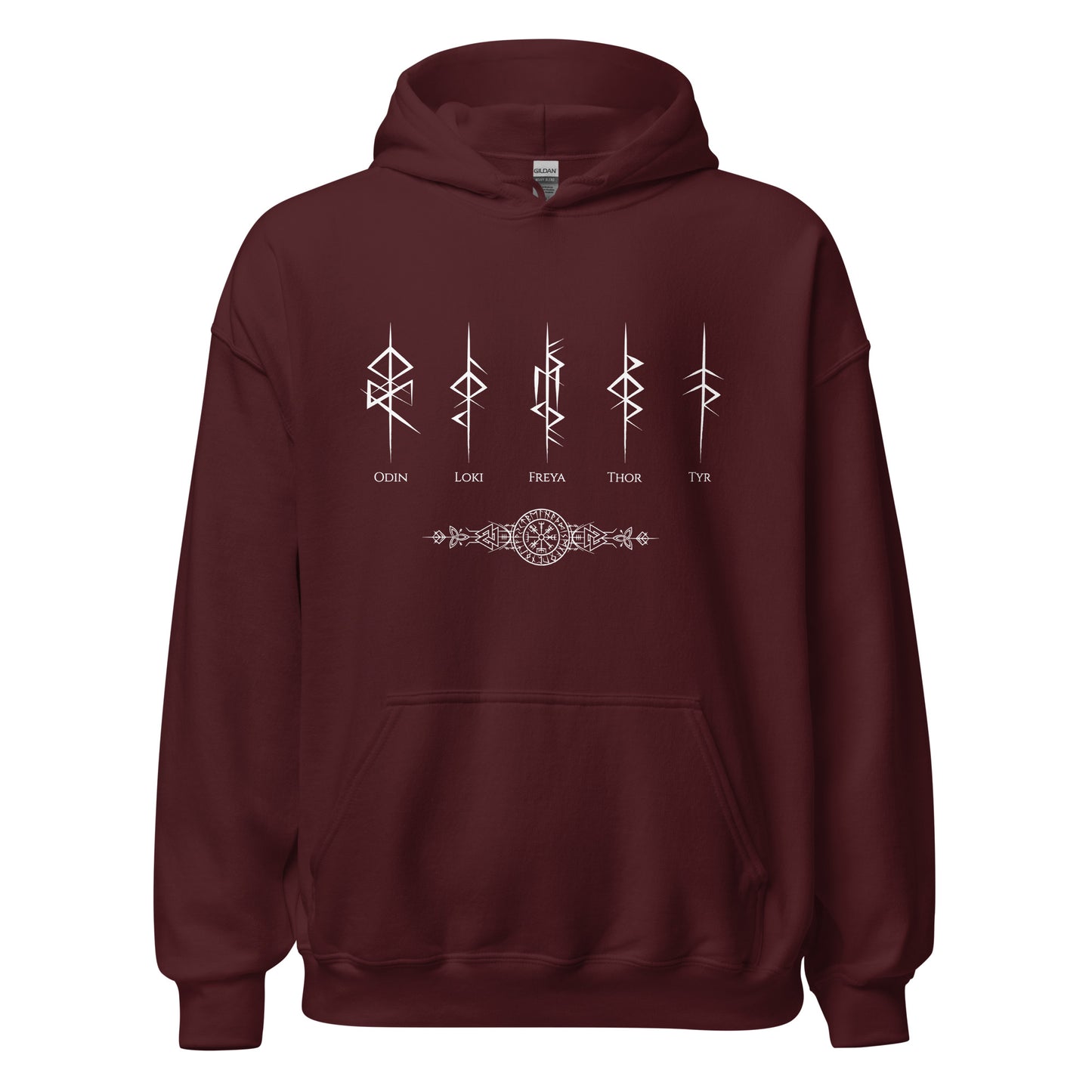 Gildan maroon hoodie that reads Odin, Loki, Freya, Thor, and Tyr with Futhark rune symbols and vegvisir viking compass created by Norse Viking apparel shop Midnight Gypsy Designs. 