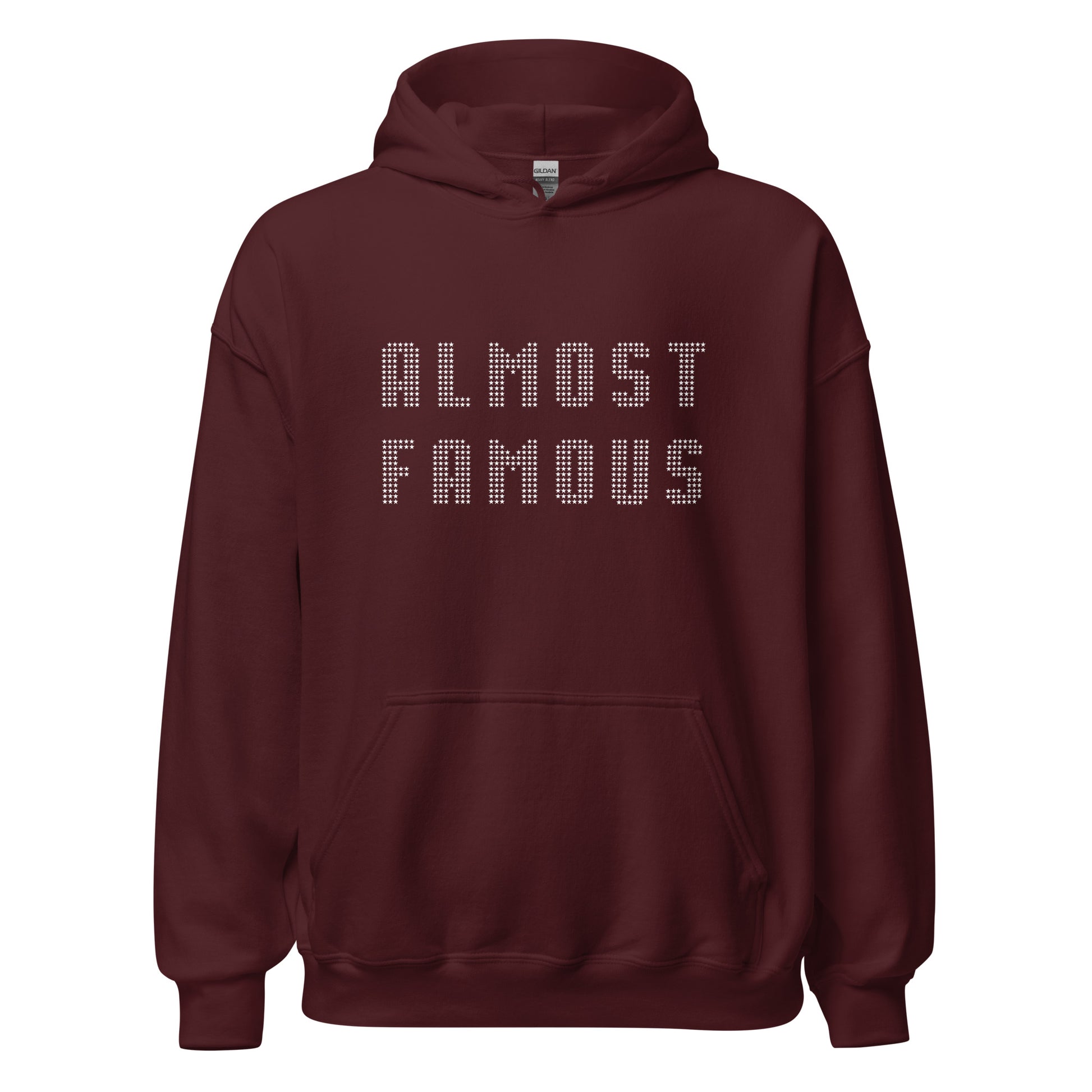 Unisex Gildan maroon hoodie that says Almost Famous with stars created by apparel shop Midnight Gypsy Designs.