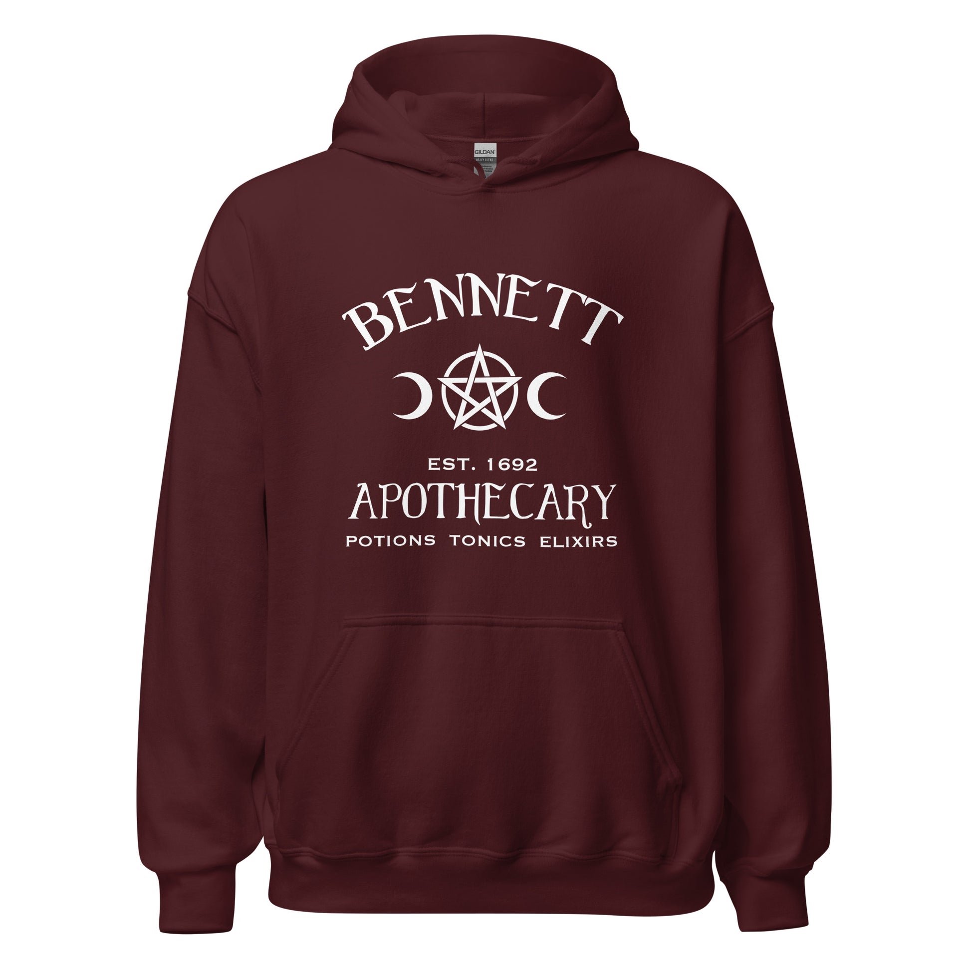 Gildan maroon hoodie with white lettering that reads Bennett Apothecary Established 1692 Potions Tonics Elixirs inspired by Bonnie Bennett from The Vampire Diaries created by apparel shop Midnight Gypsy Designs.