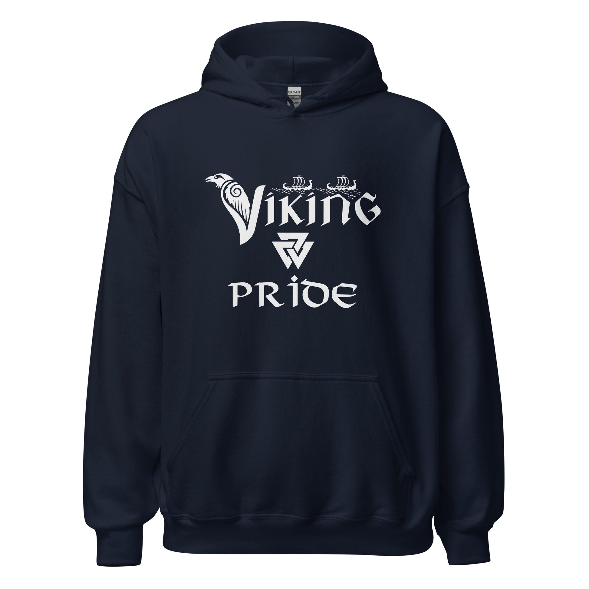 Gildan navy hoodie that reads Viking Pride with crow and valknut symbol created by Norse Viking apparel shop Midnight Gypsy Designs. 