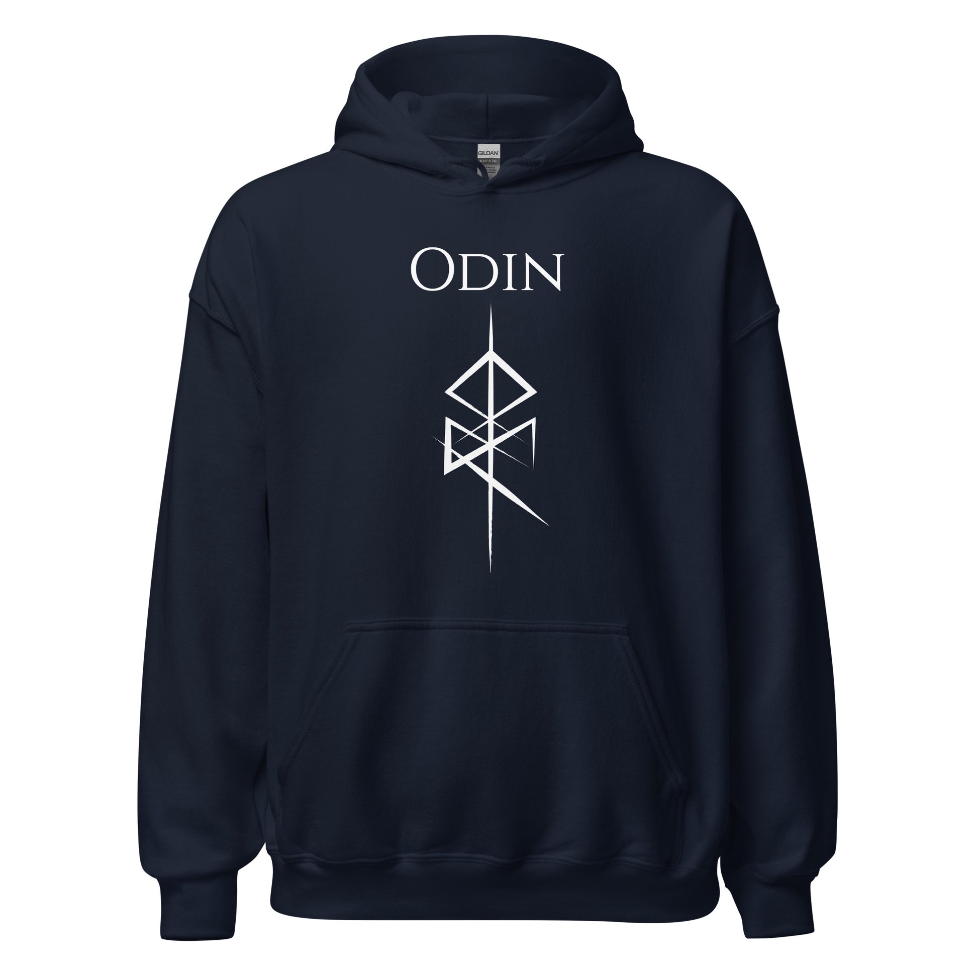 Gildan navy hoodie that reads Odin with the Odin God of War Futhark rune symbol created by Norse Viking apparel shop Midnight Gypsy Designs. 