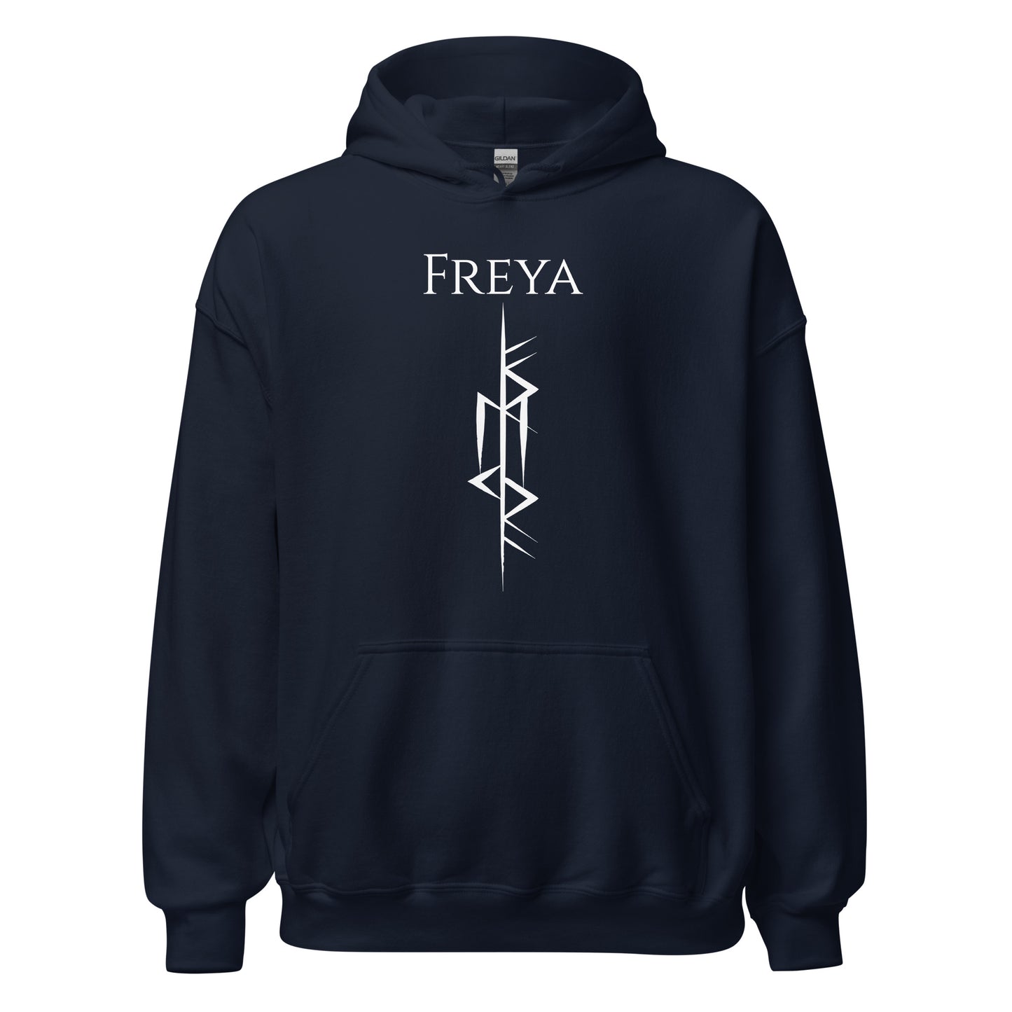 Navy Viking warrior hoodie that says Freya with the Freya Goddess of Love Norse rune symbol created by Viking apparel shop Midnight Gypsy Designs.