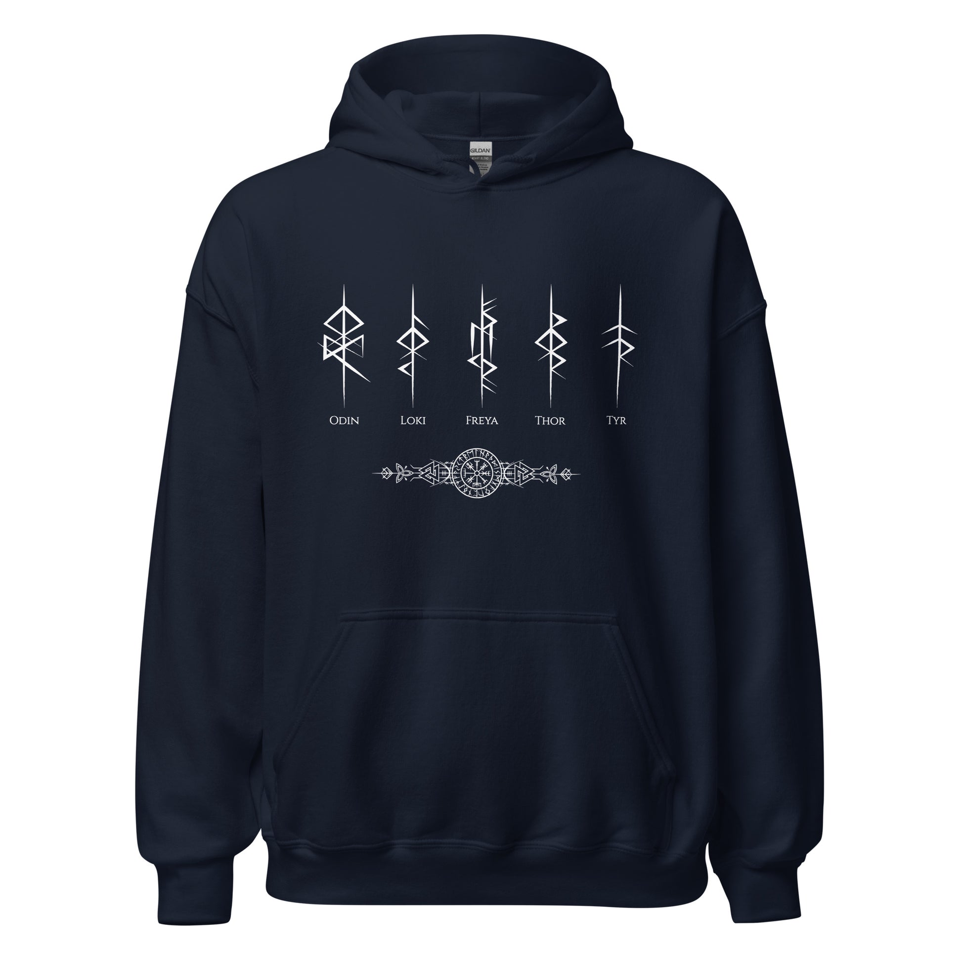 Gildan navy hoodie that reads Odin, Loki, Freya, Thor, and Tyr with Futhark rune symbols and vegvisir viking compass created by Norse Viking apparel shop Midnight Gypsy Designs. 