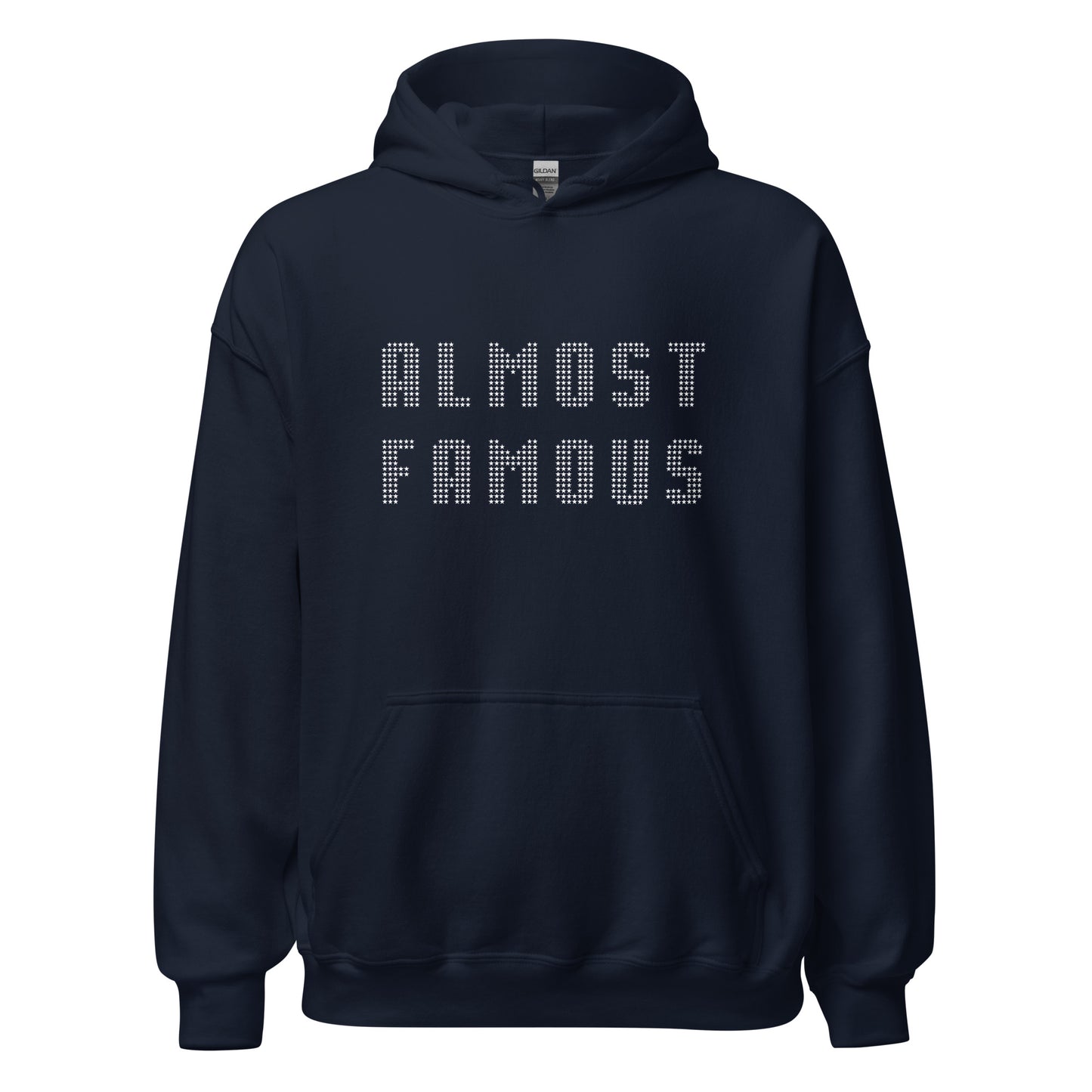 Unisex Gildan navy hoodie that says Almost Famous with stars created by apparel shop Midnight Gypsy Designs.