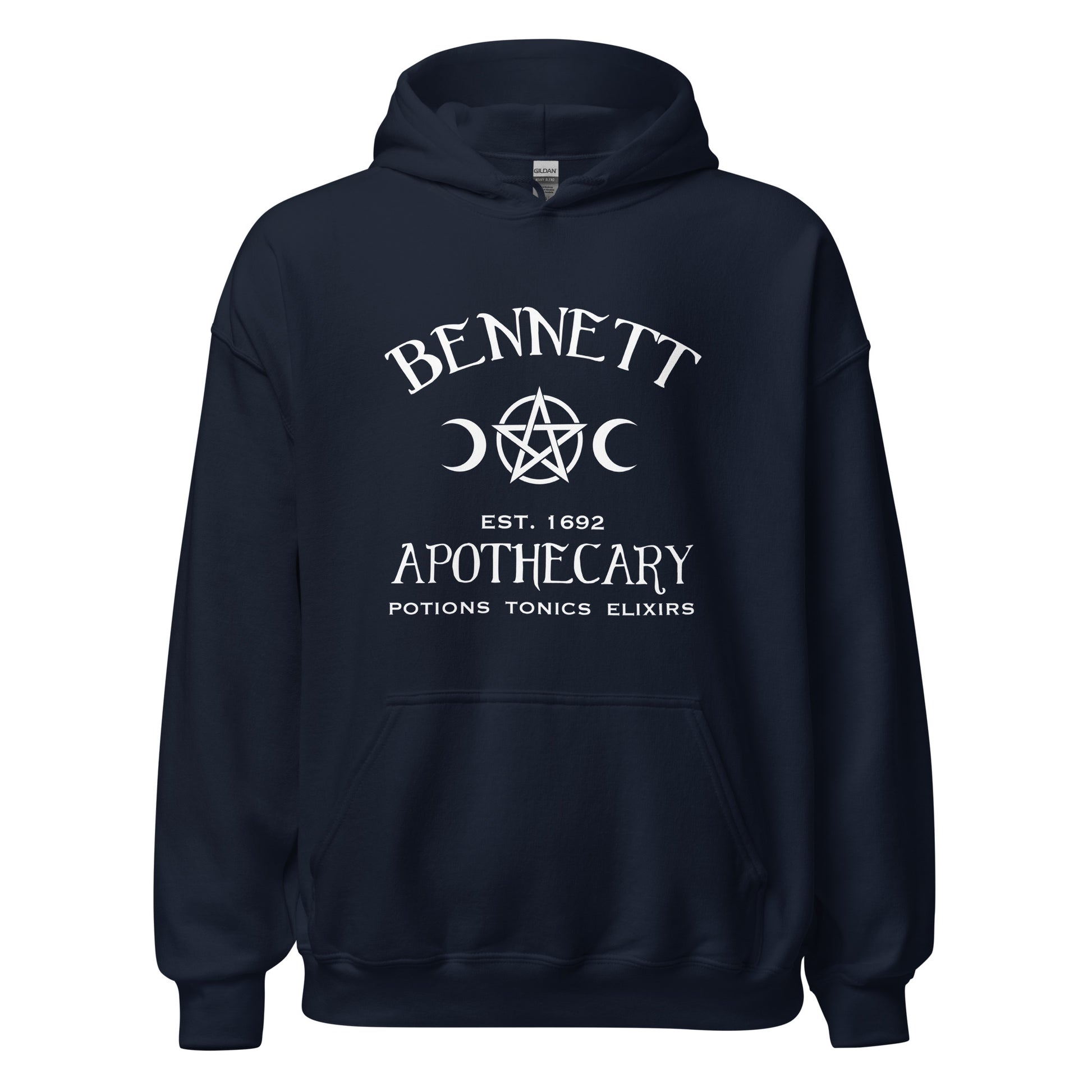 Gildan navy hoodie with white lettering that reads Bennett Apothecary Established 1692 Potions Tonics Elixirs inspired by Bonnie Bennett from The Vampire Diaries created by apparel shop Midnight Gypsy Designs.