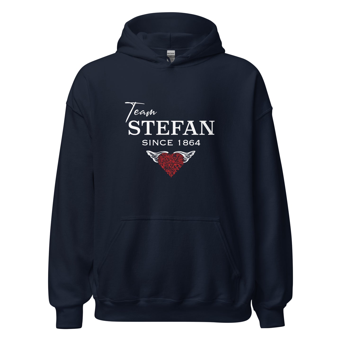 Gildan navy hoodie from The Vampire Diaries that reads team Stefan since 1864 with a read heart created by clothing apparel shop Midnight Gypsy Designs.