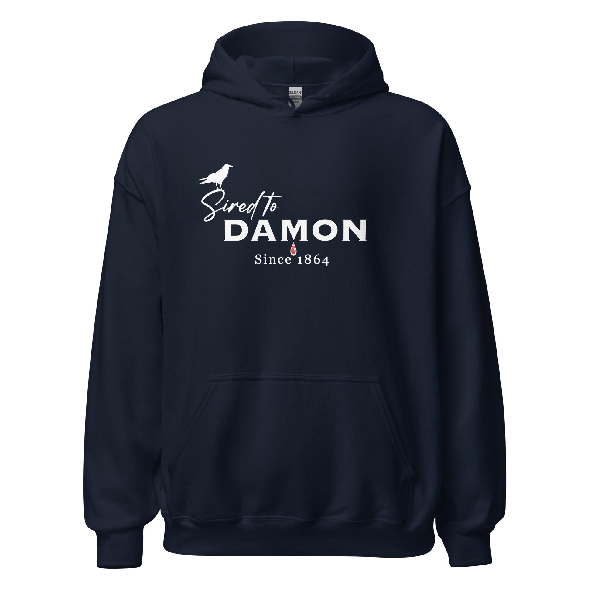 Gildan navy The Vampire Diaries Sired to Damon Since 1864 hoodie with a crow and blood drip created by bookish shop Midnight Gypsy Designs.