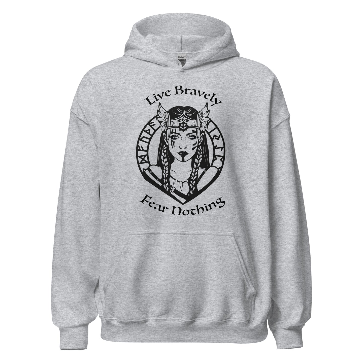 Gildan heather grey hoodie that reads Live Bravely Fear Nothing with a Viking Warrior woman with Futhark runes created by apparel shop Midnight Gypsy Designs.