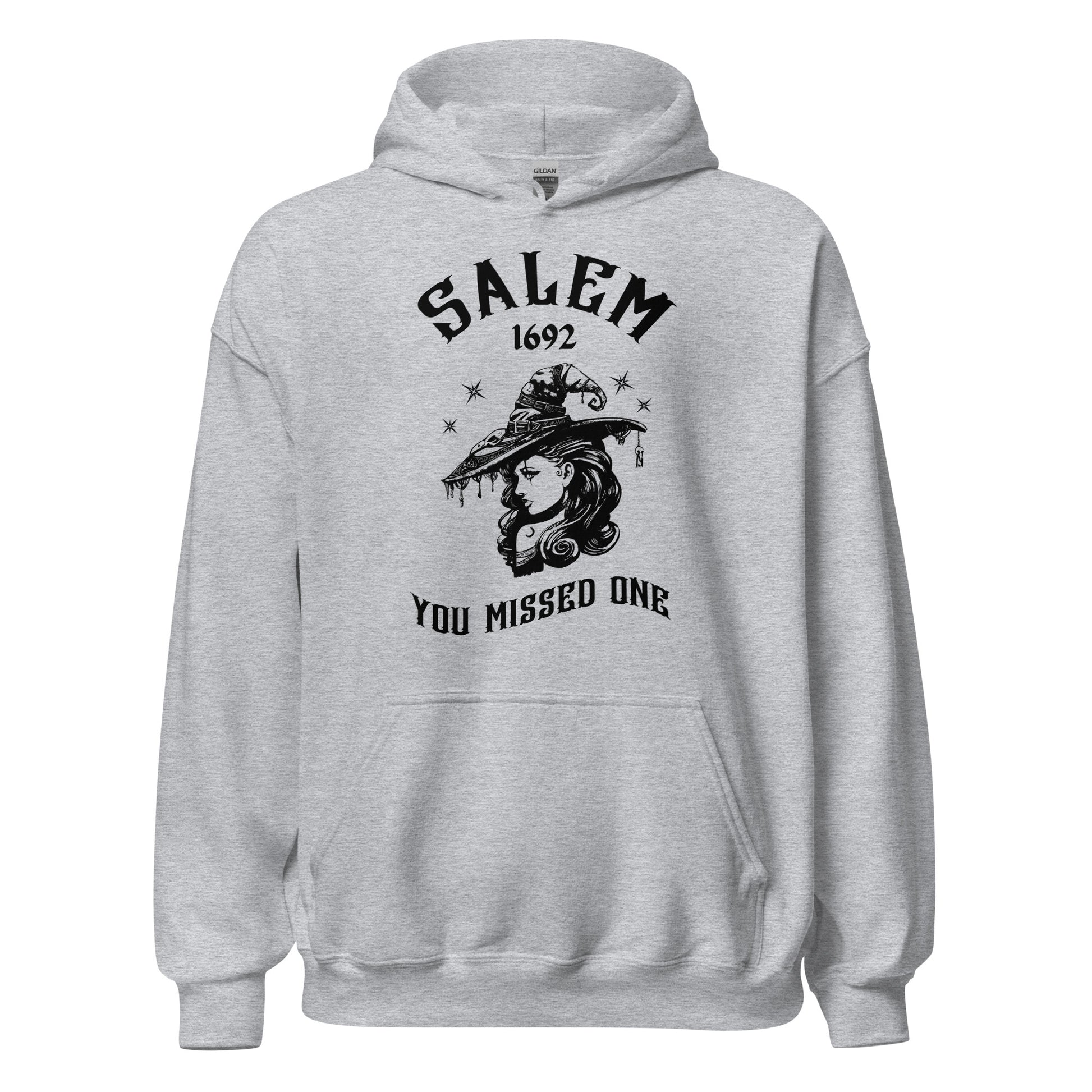 Athletic heather grey hoodie with 1692 Salem Witch Trials You Missed One written in black letters and a witch in a witch hat from apparel shop Midnight Gypsy Designs.