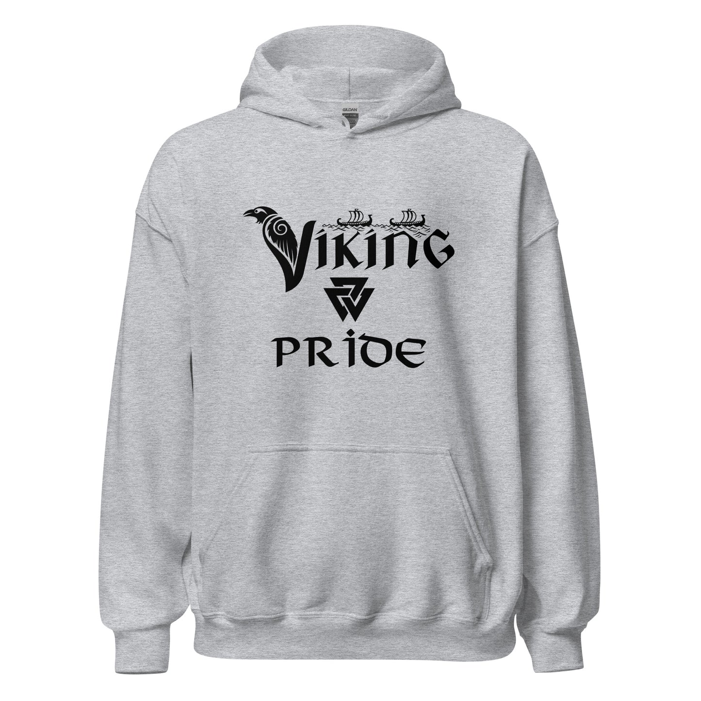 Gildan sport grey hoodie that reads Viking Pride with crow and valknut symbol created by Norse Viking apparel shop Midnight Gypsy Designs. 