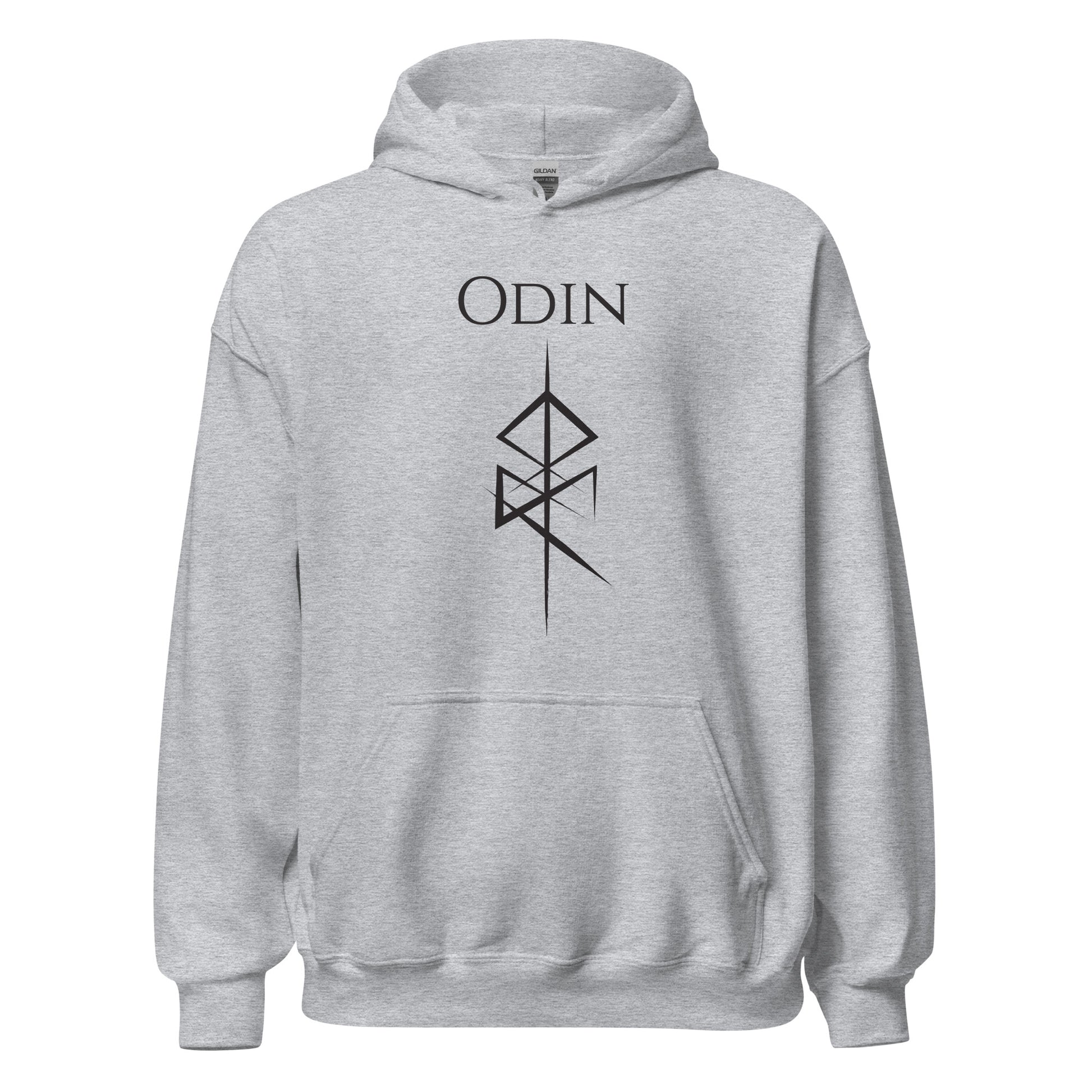 Gildan sport grey hoodie that reads Odin with the Odin God of War Futhark rune symbol created by Norse Viking apparel shop Midnight Gypsy Designs. 