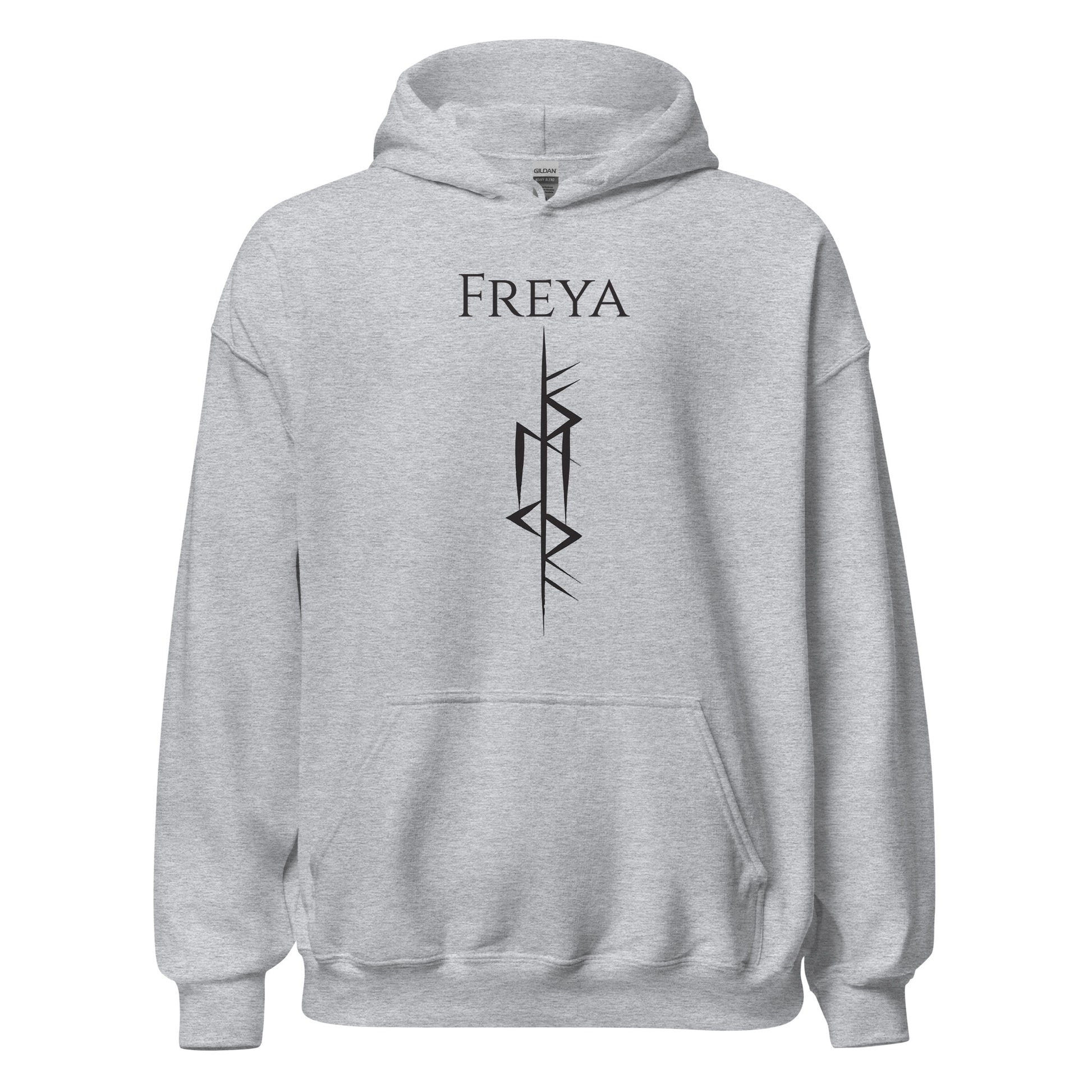 Heather grey Viking warrior hoodie that says Freya with the Freya Goddess of Love Norse rune symbol created by Viking apparel shop Midnight Gypsy Designs.