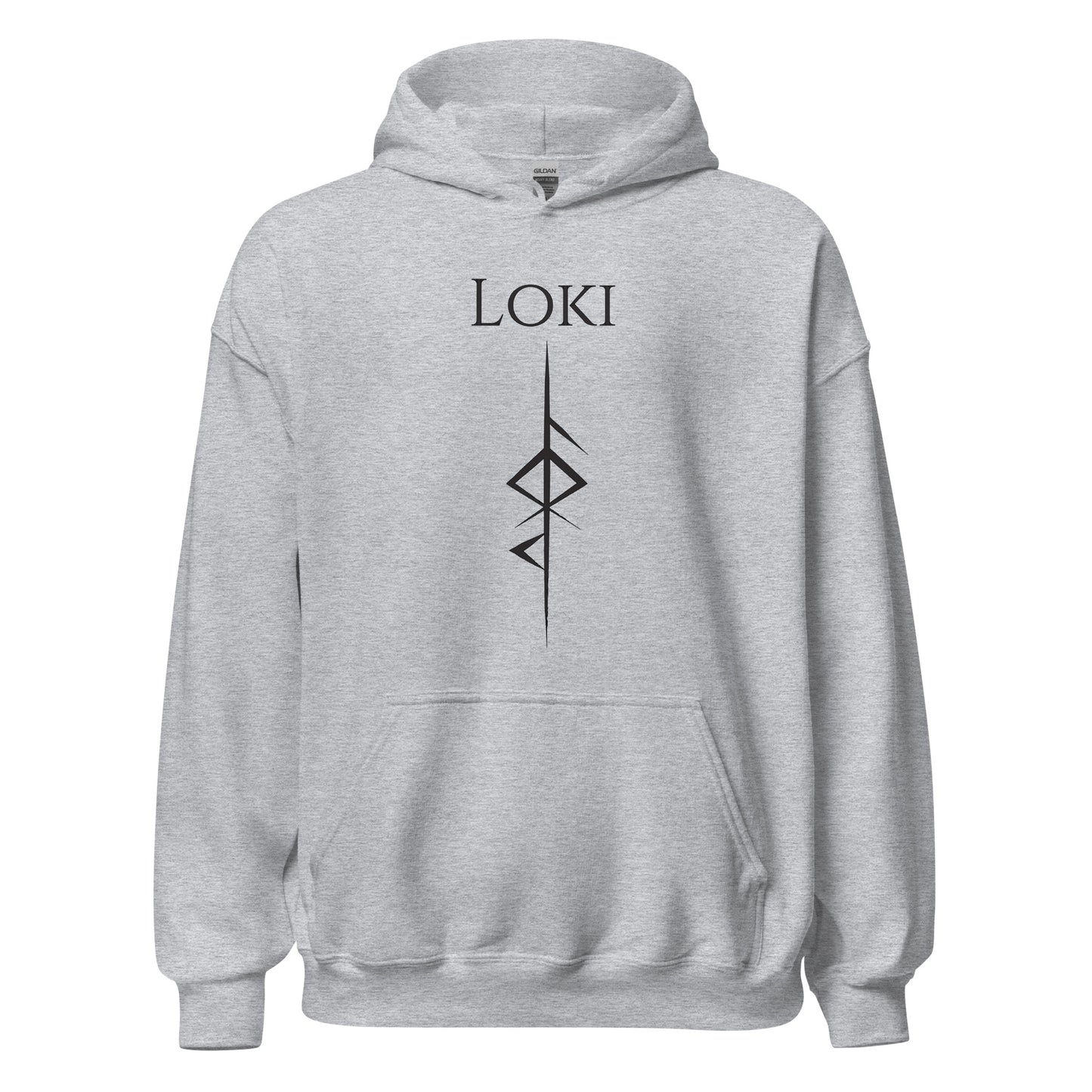 Gildan heather grey hoodie that reads Loki with the Loki Futhark rune symbol for Loki God of Mischief created by Norse Viking apparel shop Midnight Gypsy Designs. 