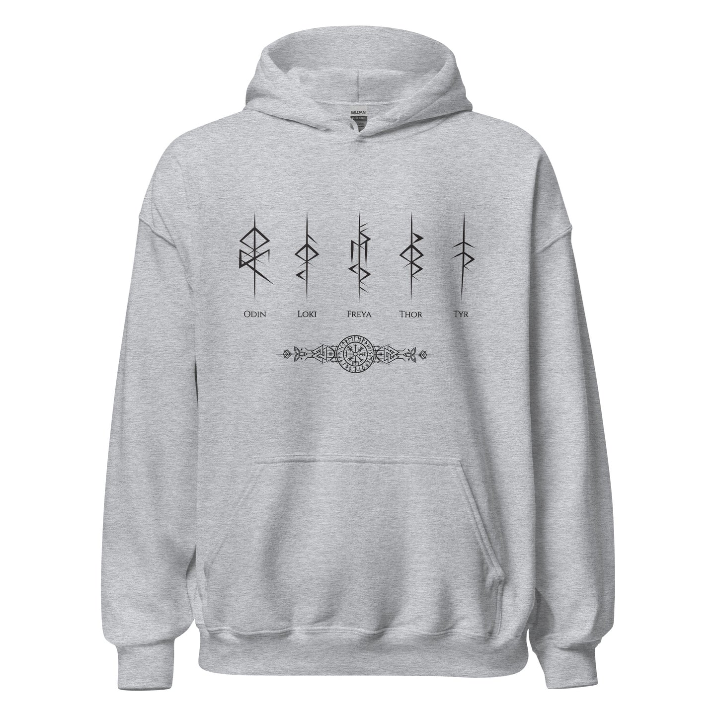 Gildan sport grey hoodie that reads Odin, Loki, Freya, Thor, and Tyr with Futhark rune symbols and vegvisir viking compass created by Norse Viking apparel shop Midnight Gypsy Designs. 