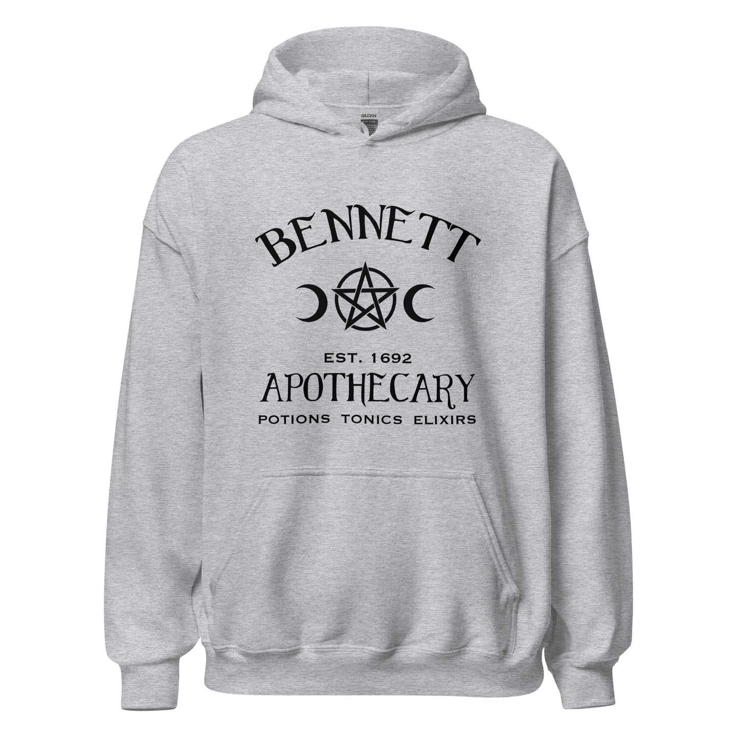 Gildan heather grey hoodie with black lettering that reads Bennett Apothecary Established 1692 Potions Tonics Elixirs inspired by Bonnie Bennett from The Vampire Diaries created by apparel shop Midnight Gypsy Designs.