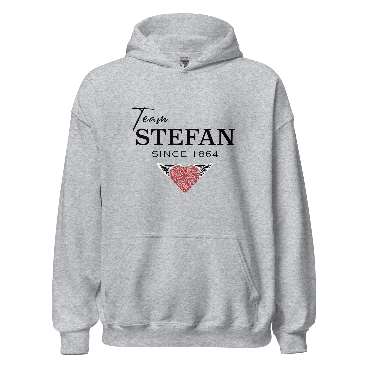 Gildan sport grey hoodie from The Vampire Diaries that reads team Stefan since 1864 with a read heart created by clothing apparel shop Midnight Gypsy Designs.