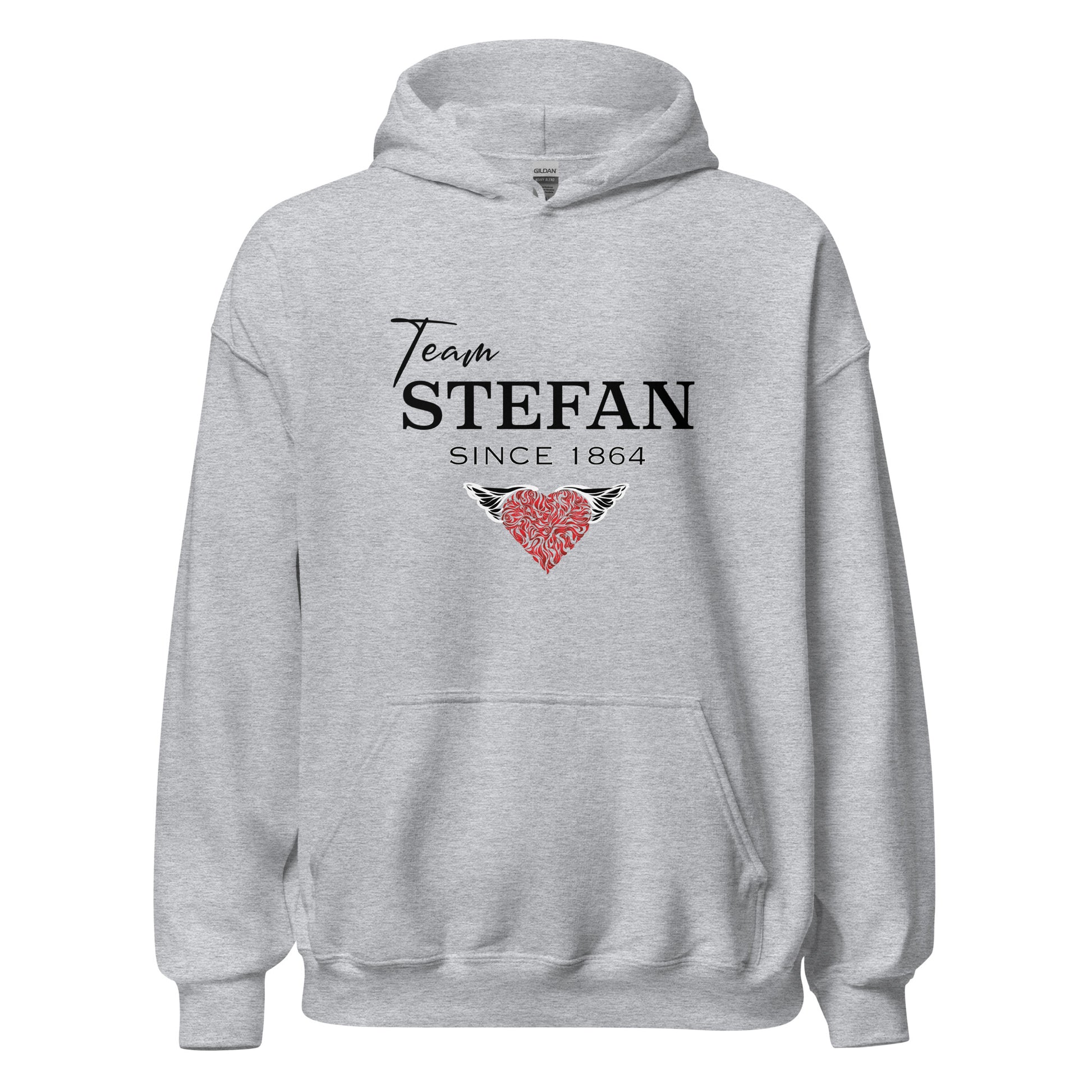 Gildan sport grey hoodie from The Vampire Diaries that reads team Stefan since 1864 with a read heart created by clothing apparel shop Midnight Gypsy Designs.