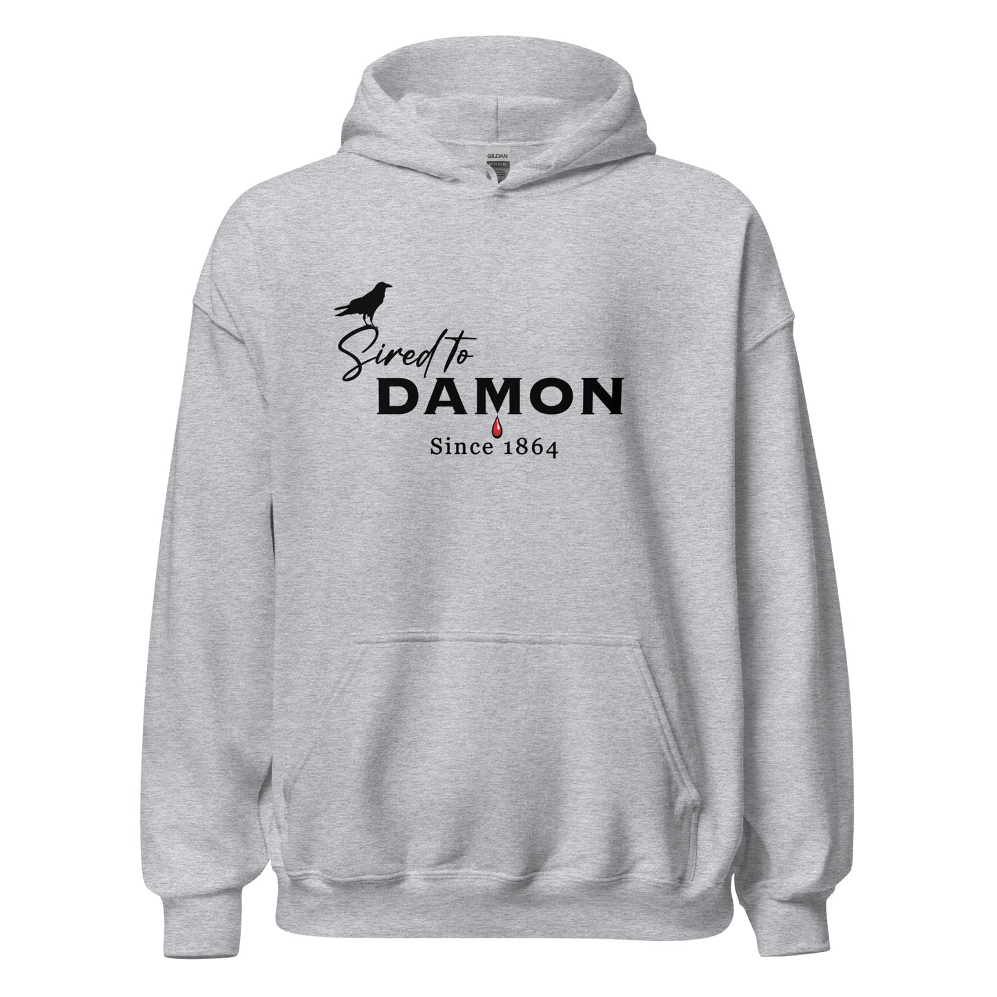 Gildan sport grey The Vampire Diaries Sired to Damon Since 1864 hoodie with a crow and blood drip created by bookish shop Midnight Gypsy Designs.