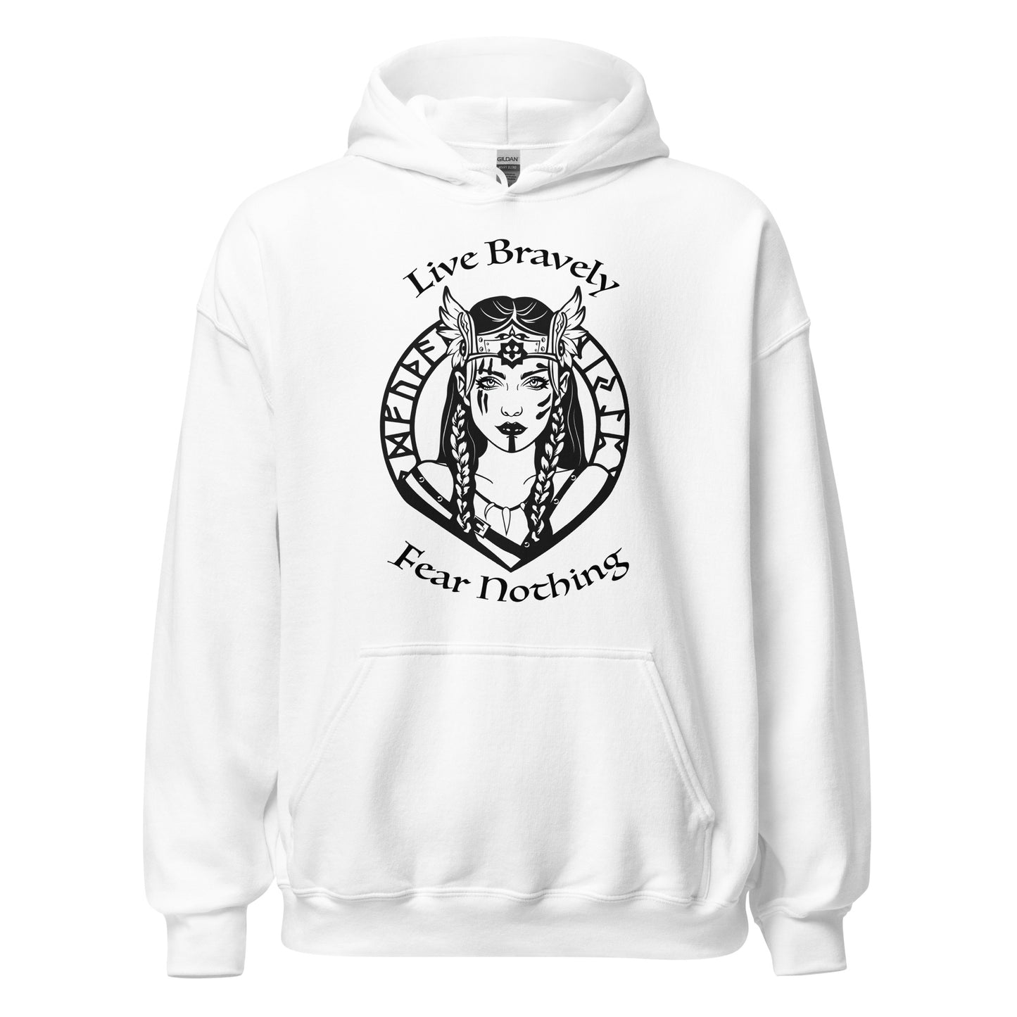 Gildan white hoodie that reads Live Bravely Fear Nothing with a Viking Warrior woman with Futhark runes created by apparel shop Midnight Gypsy Designs.