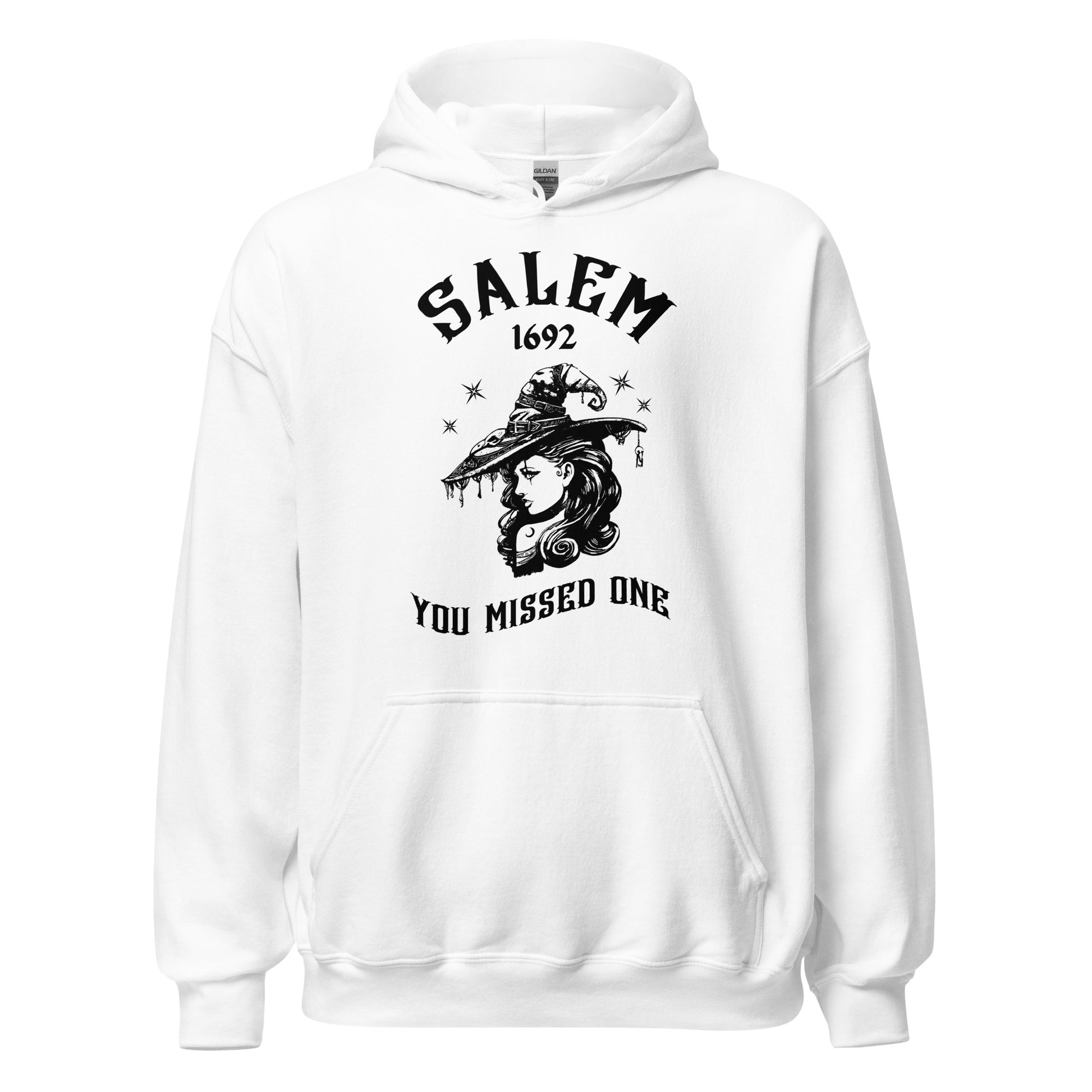 White Gildan hoodie with 1692 Salem Witch Trials You Missed One written in black letters and a witch in a witch hat from apparel shop Midnight Gypsy Designs.