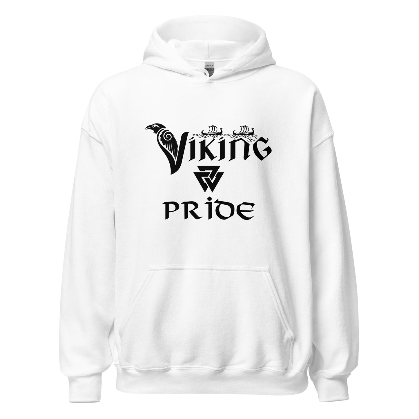 Gildan white hoodie that reads Viking Pride with crow and valknut symbol created by Norse Viking apparel shop Midnight Gypsy Designs. 