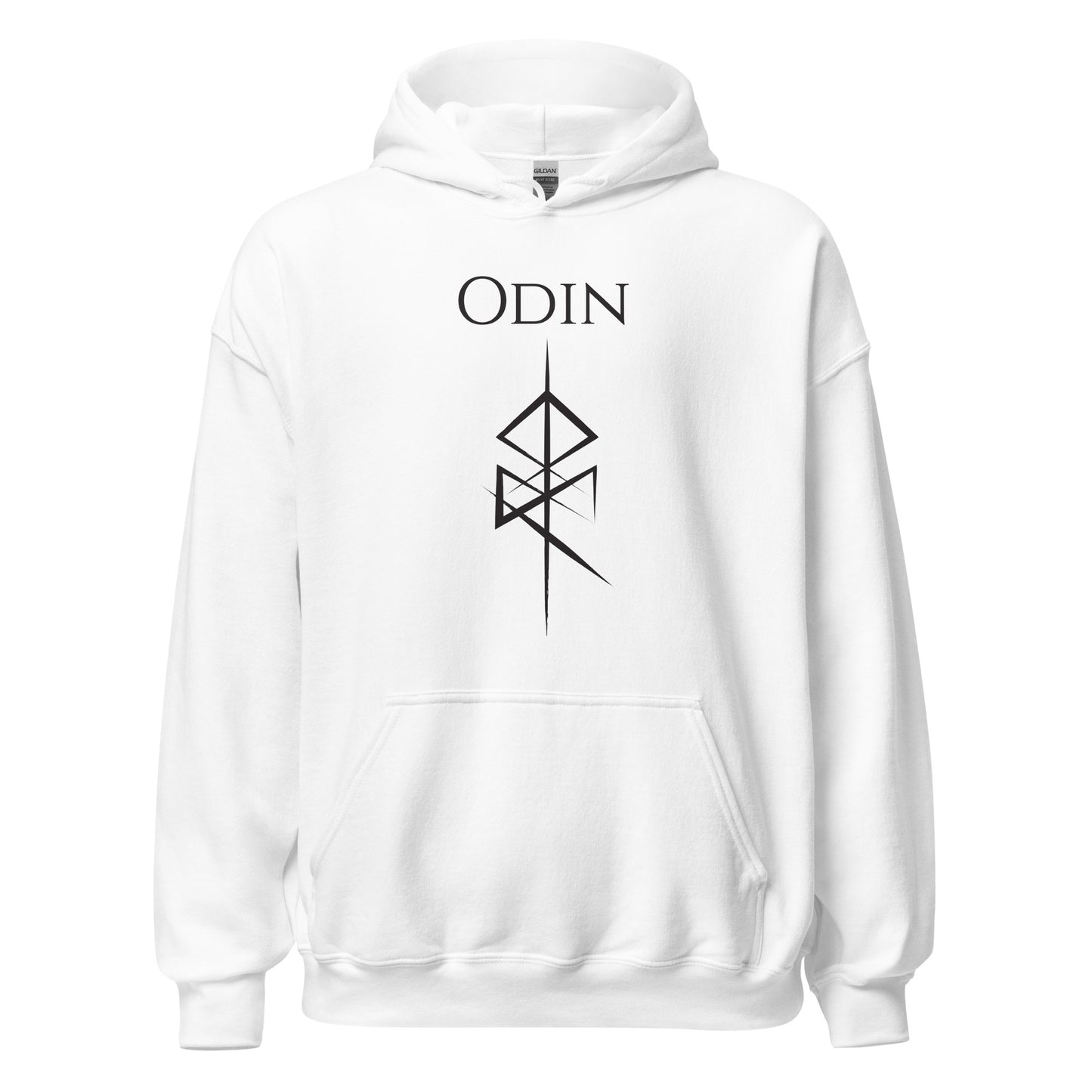 Gildan white hoodie that reads Odin with the Odin God of War Futhark rune symbol created by Norse Viking apparel shop Midnight Gypsy Designs. 