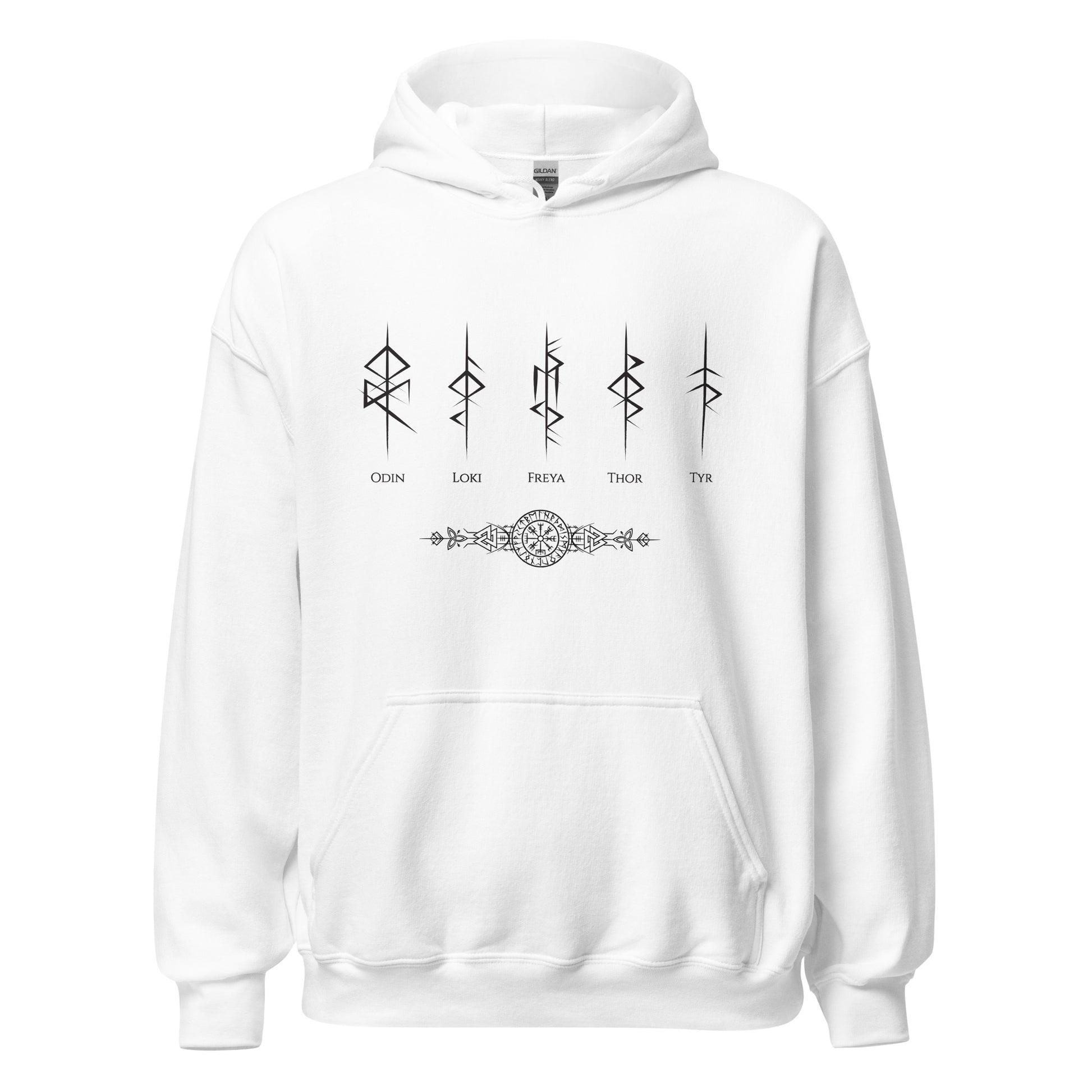 Gildan white hoodie that reads Odin, Loki, Freya, Thor, and Tyr with Futhark rune symbols and vegvisir viking compass created by Norse Viking apparel shop Midnight Gypsy Designs. 