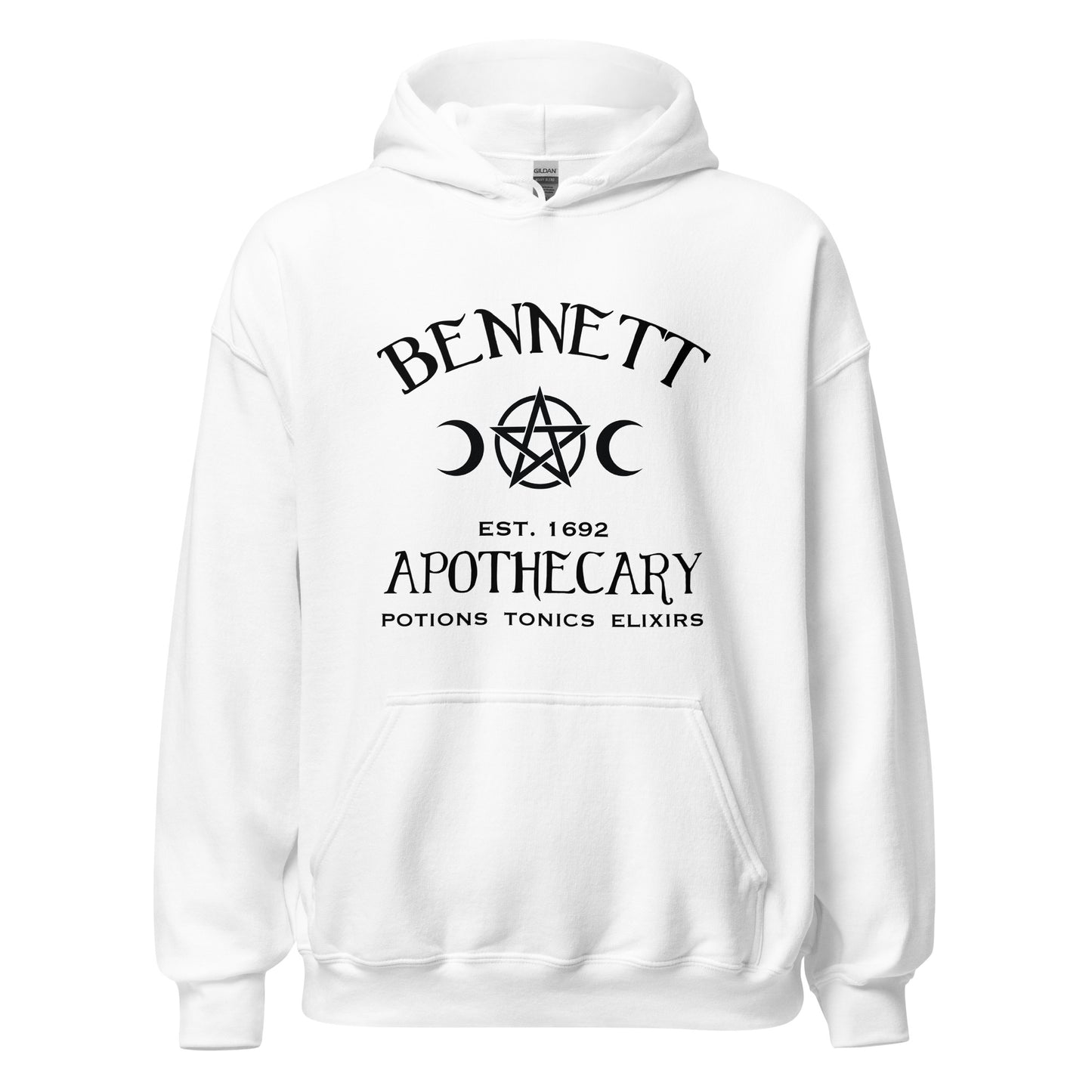 Gildan white hoodie with black lettering that reads Bennett Apothecary Established 1692 Potions Tonics Elixirs inspired by Bonnie Bennett from The Vampire Diaries created by apparel shop Midnight Gypsy Designs.