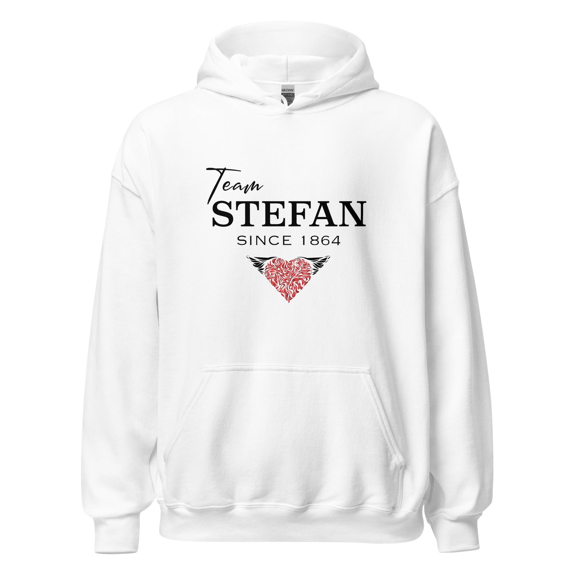 Gildan white hoodie from The Vampire Diaries that reads team Stefan since 1864 with a read heart created by clothing apparel shop Midnight Gypsy Designs.