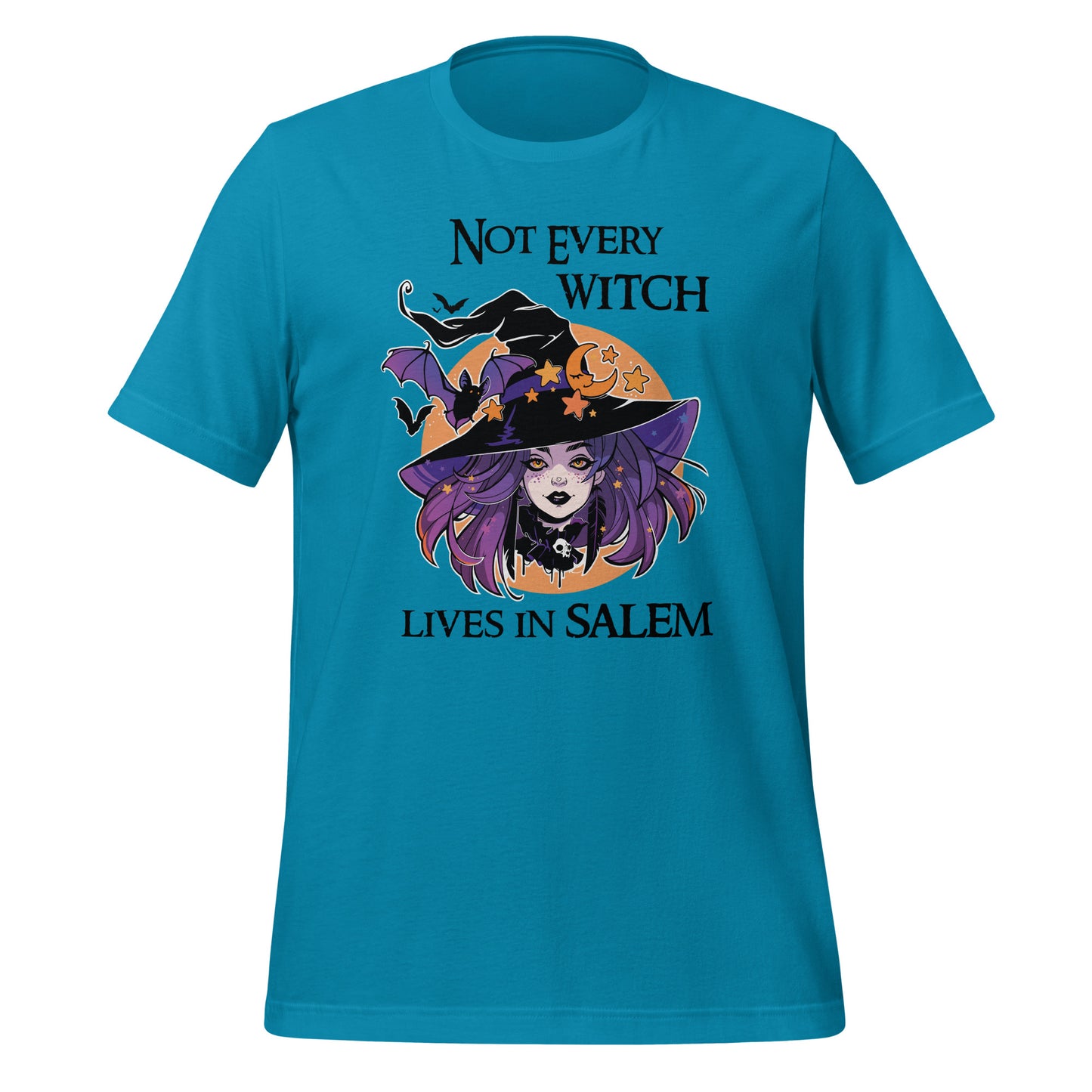 Aqua t-shirt that reads Not Every Witch Lives in Salem with a witch with purple hair wearing a black witch hat in front of a golden moon with stars and black bats created by apparel shop Midnight Gypsy Designs.