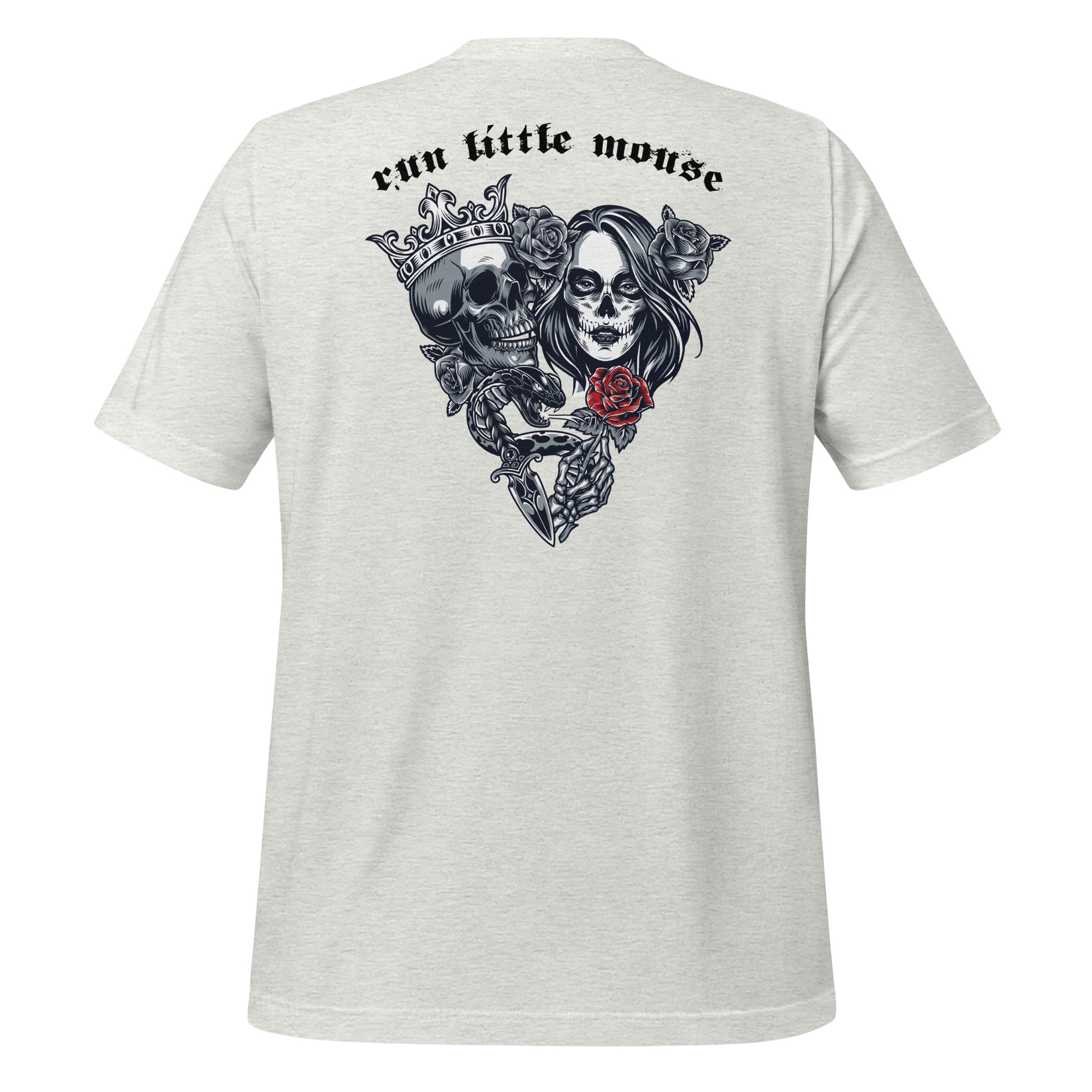 Ash t-shirt that reads Run Little Mouse with a skull and day of the dead woman holding a red rose from Haunting Adeline book created by bookish shop Midnight Gypsy Designs.