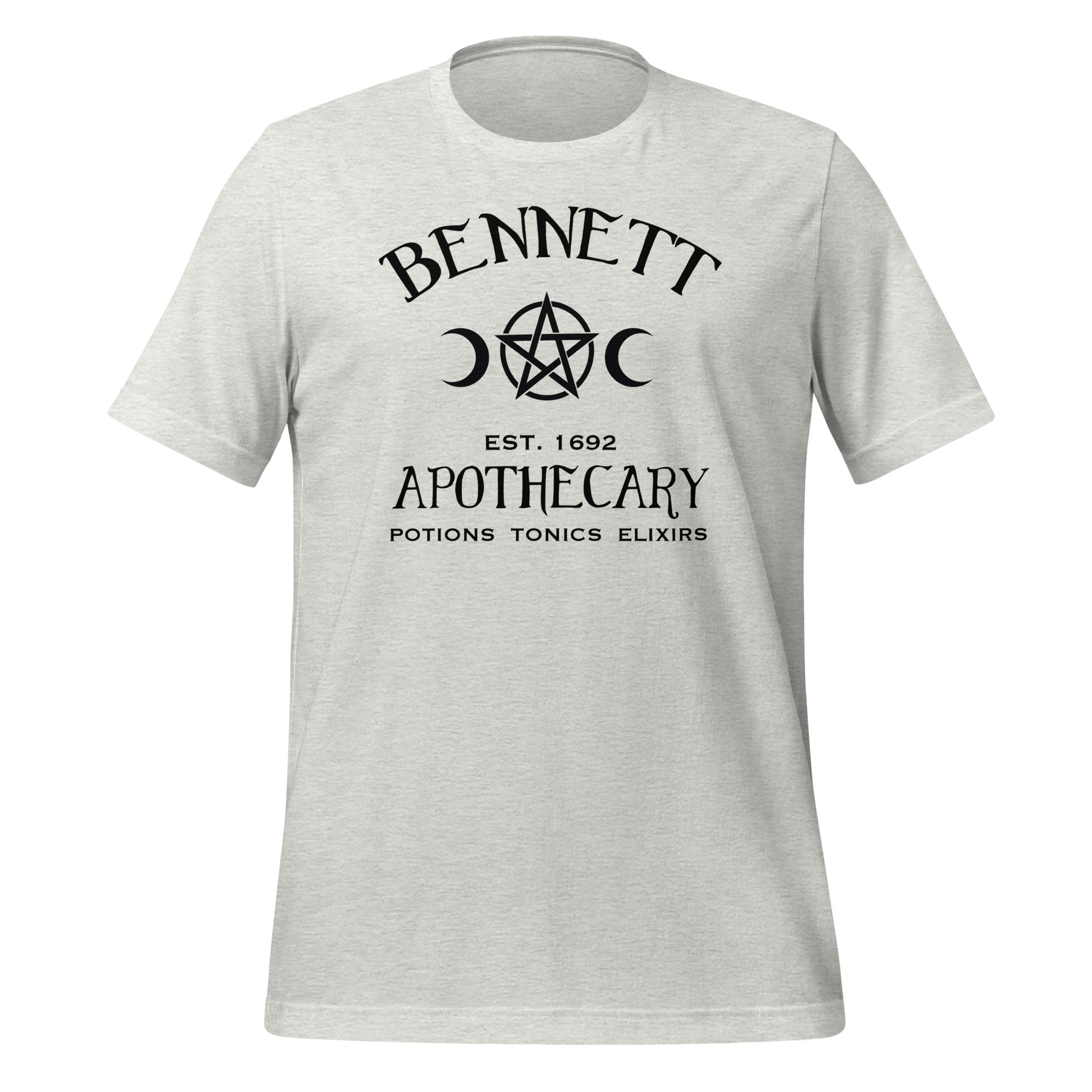 Ash t-shirt with black lettering that reads Bennett Apothecary Established 1692 Potions Tonics Elixirs with moon and witch pentacle inspired by Bonnie Bennett from The Vampire Diaries created by apparel shop Midnight Gypsy Designs.