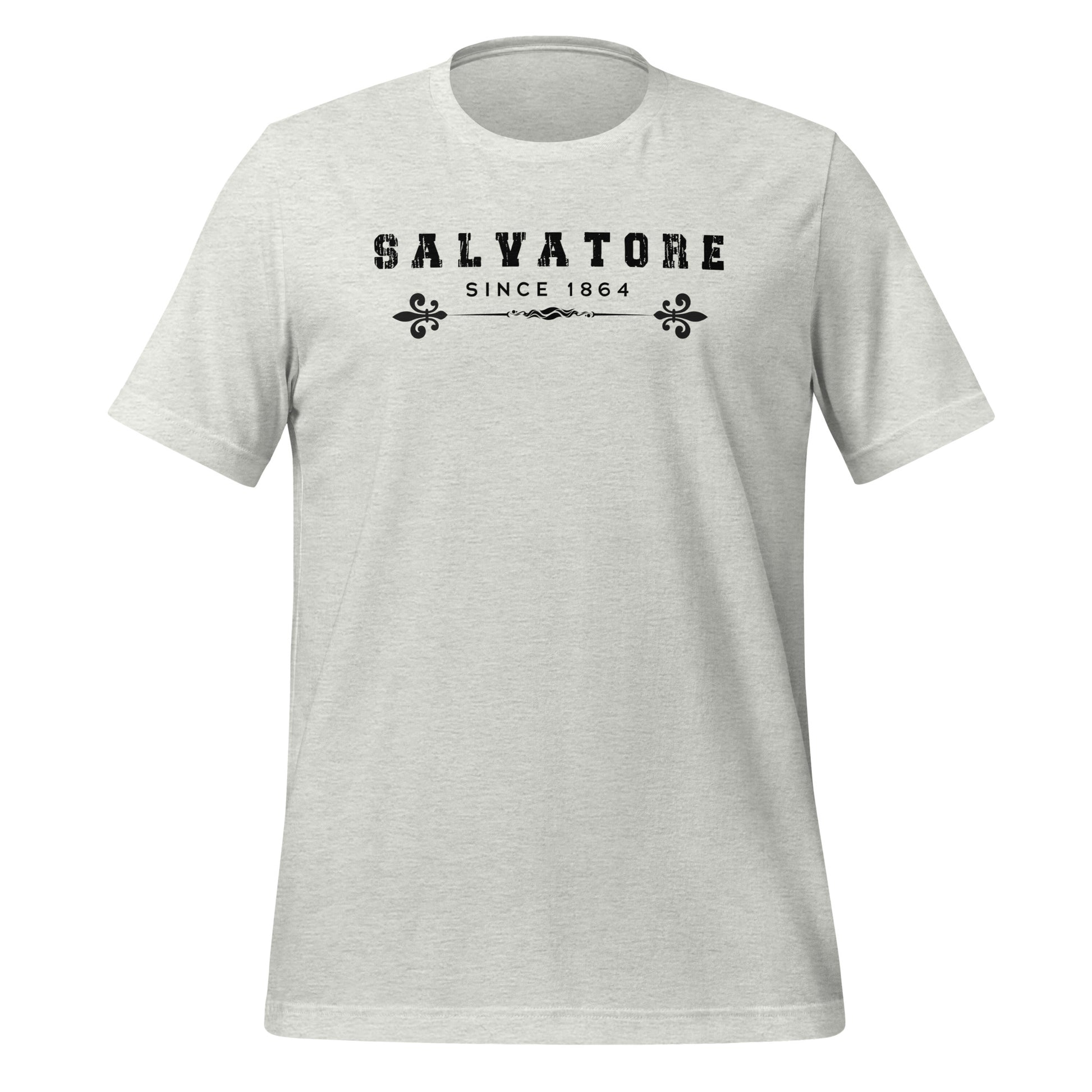 Ash t-shirt that reads Salvatore Since 1864 with fleur de lis created by bookish apparel shop Midnight Gypsy Designs.