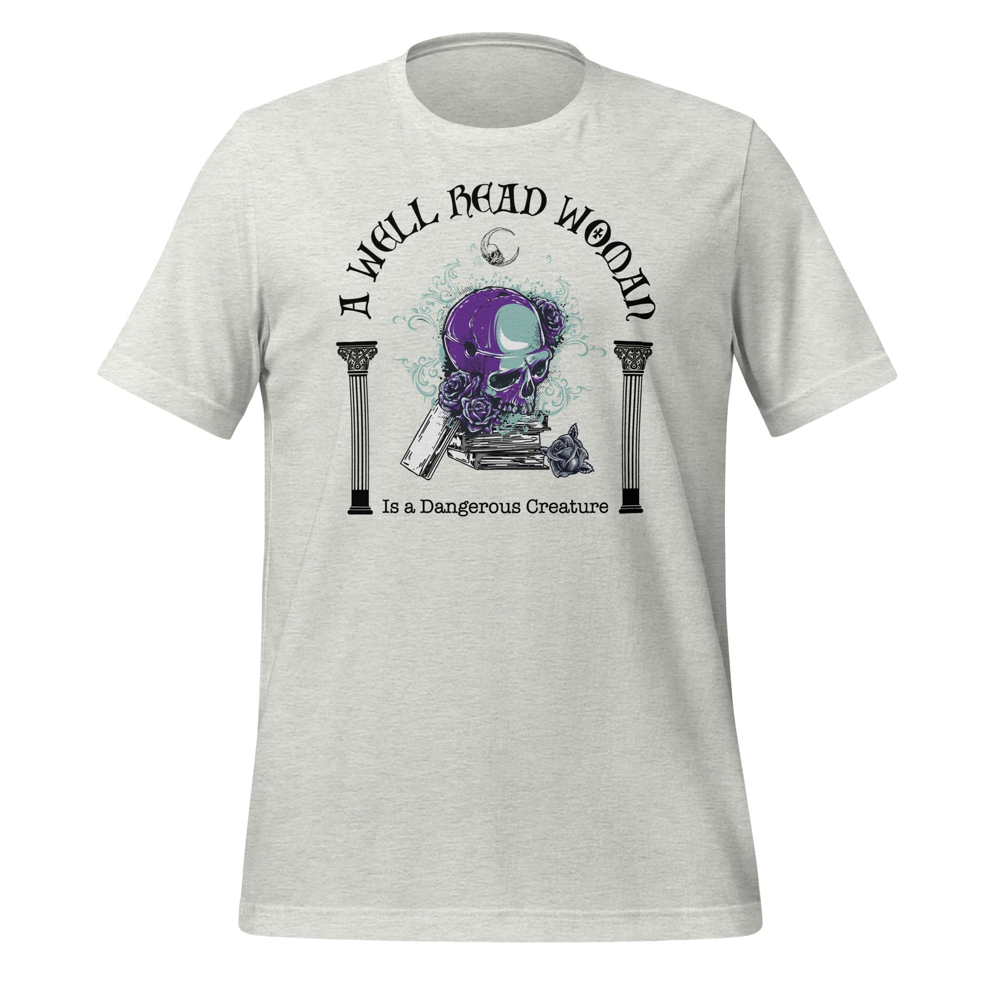 Ash t-shirt with words A Well Read Woman Is a Dangerous Creature with a purple skull with roses on top of a stack of books from bookish shop Midnight Gypsy Designs.