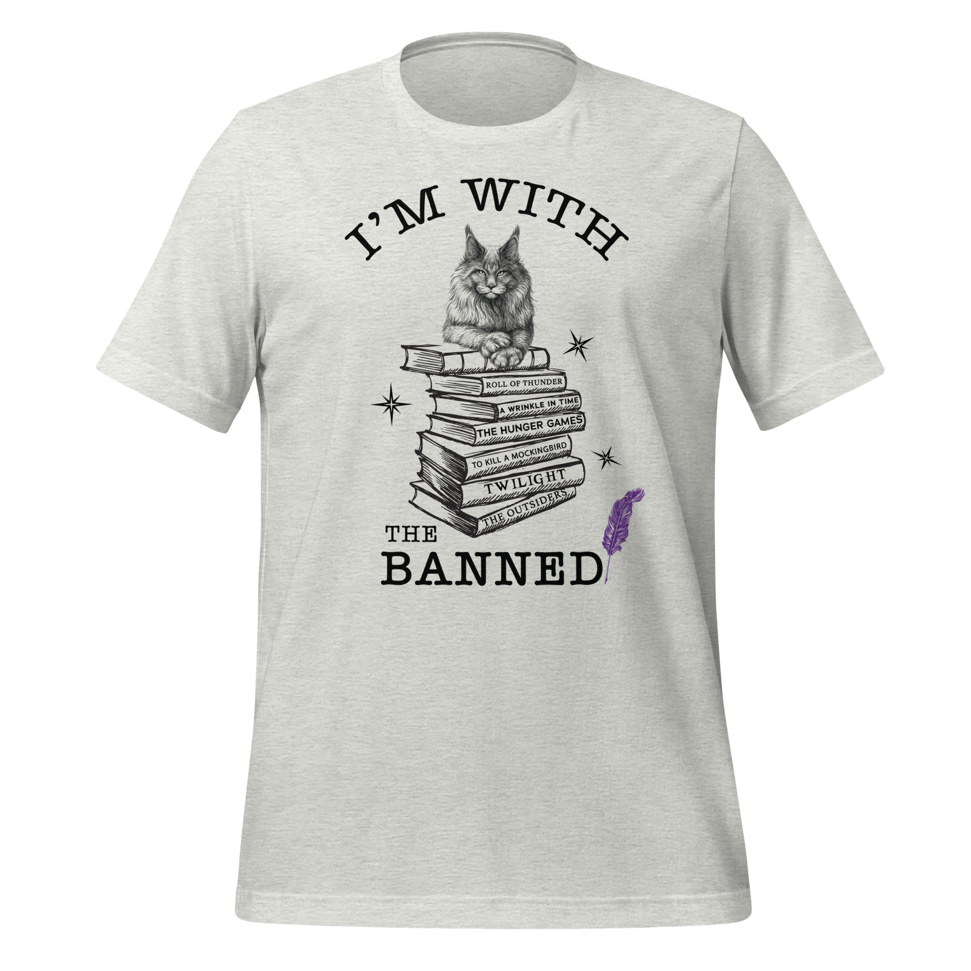 Ash t-shirt that reads I'm With the Banned and has a cat sitting on top of a stack of banned books with a purple feather created by Midnight Gypsy Designs.