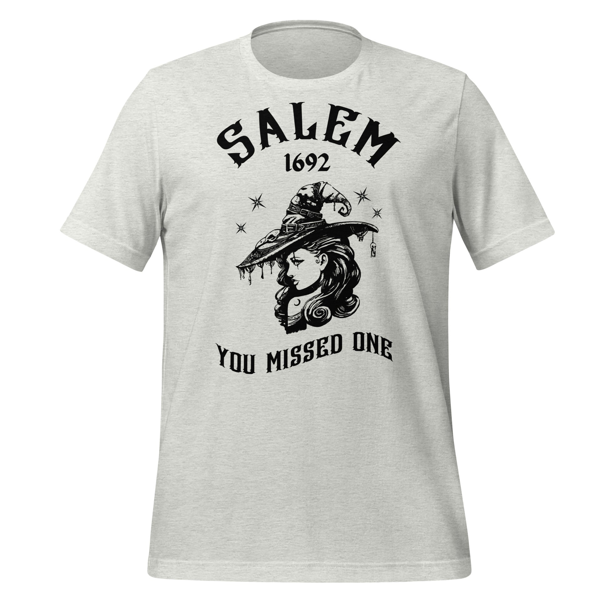 Ash t-shirt with 1692 Salem Witch Trials You Missed One written in black letters and a witch in a witch hat with stars from apparel shop Midnight Gypsy Designs.